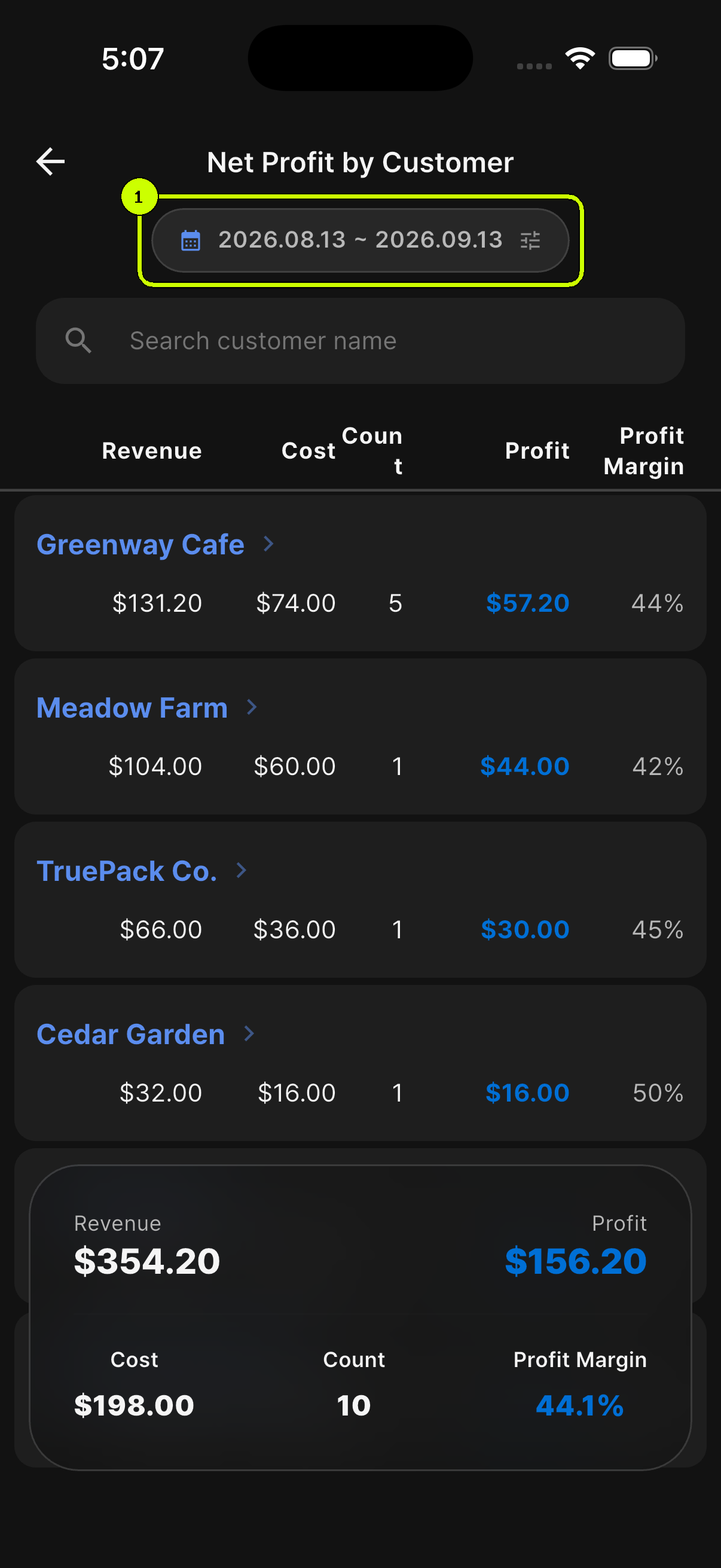 Date range selector highlighted on Net Profit by Customer in the SalesDocks English app