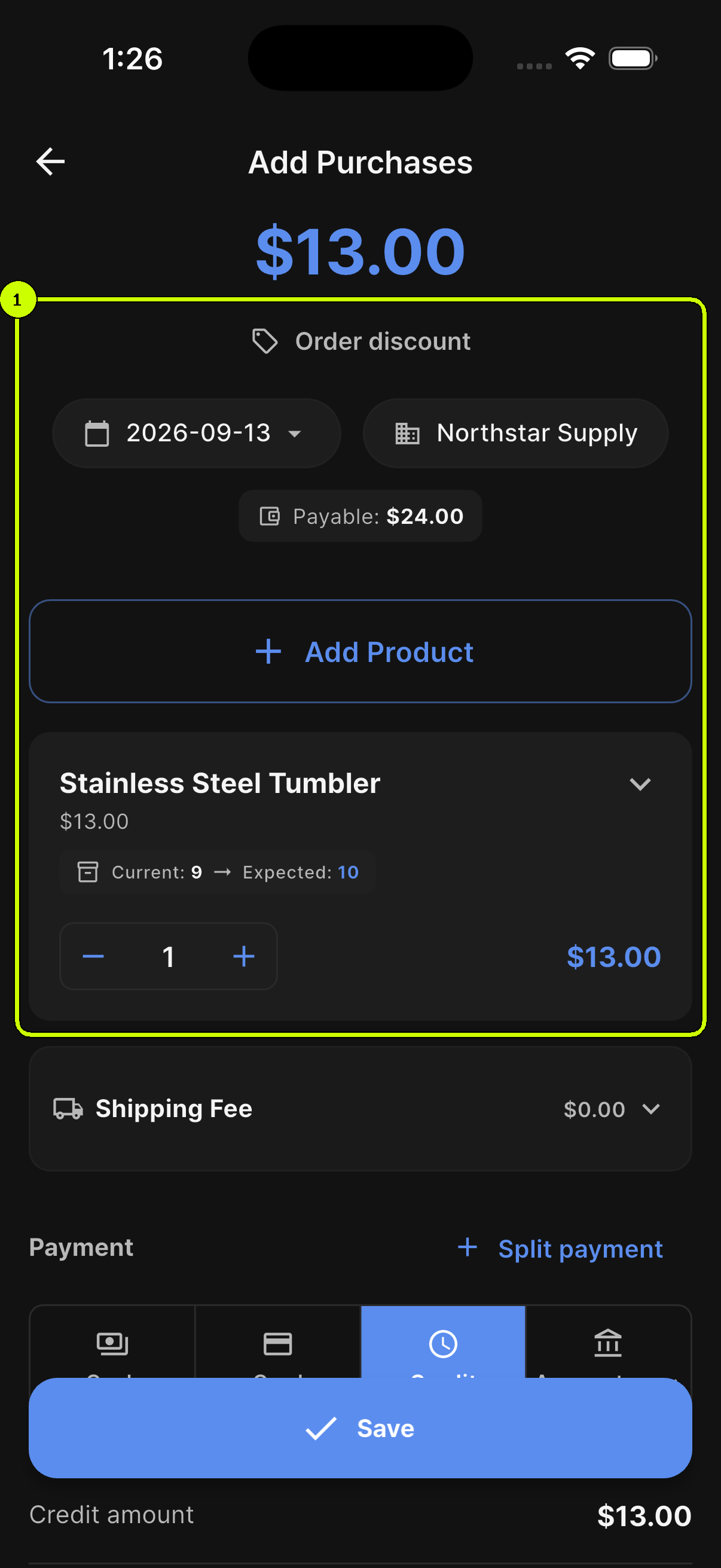Northstar Supply and Stainless Steel Tumbler purchase information highlighted on a SalesDocks English purchase form