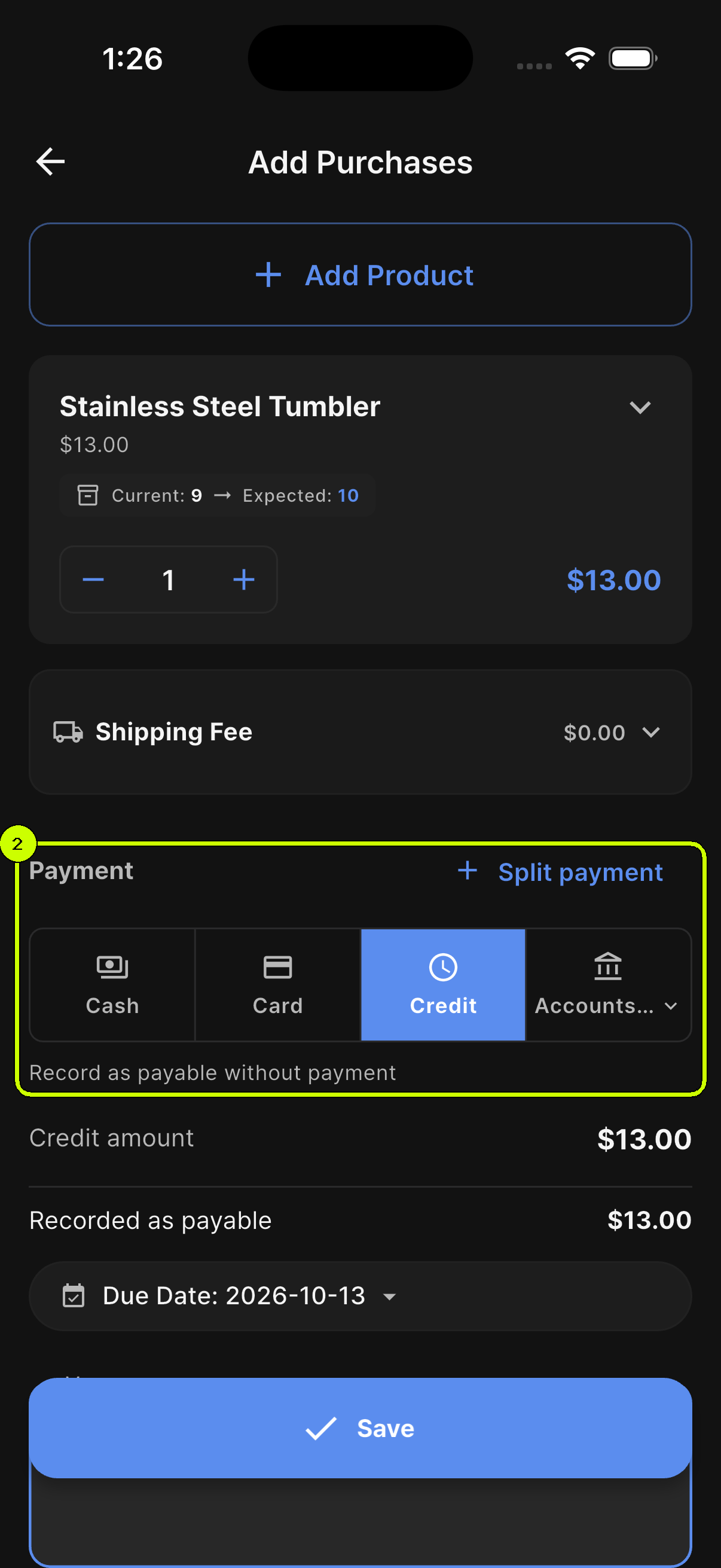 Credit payment method highlighted on a SalesDocks English purchase form