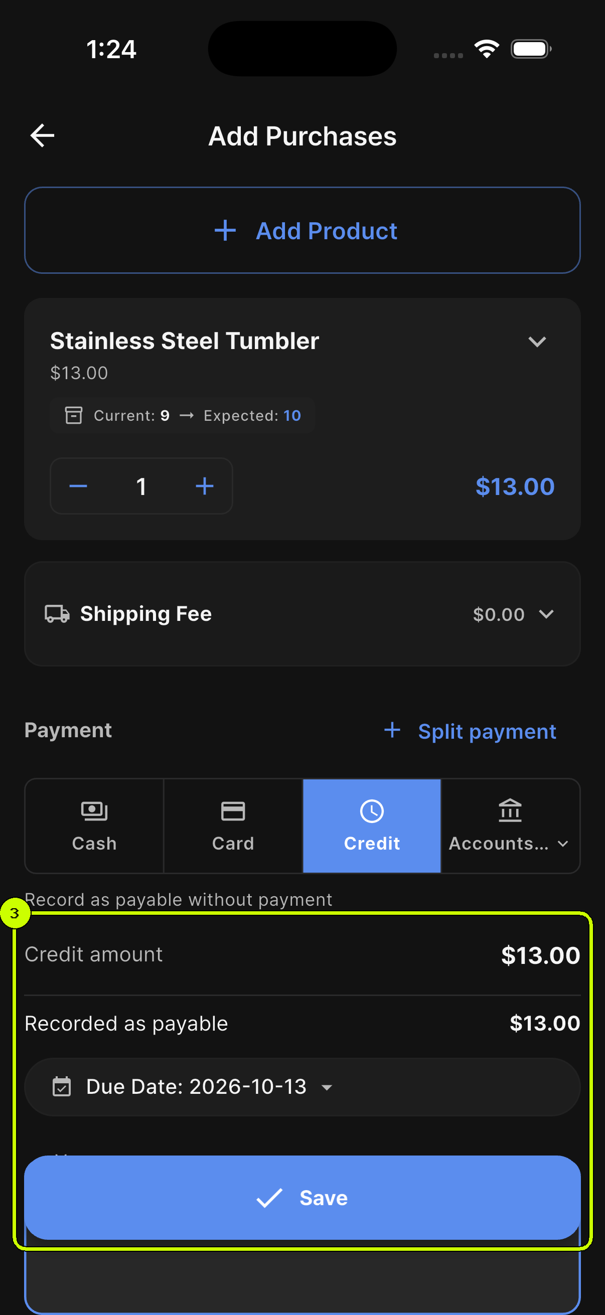 Thirteen dollar credit amount, thirteen dollar payable, October 13 due date, and Save button highlighted on a SalesDocks English purchase form