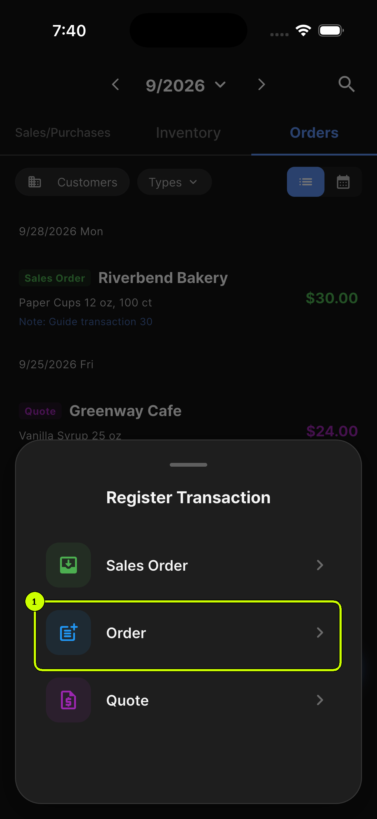 Order highlighted in the Register Transaction sheet on the SalesDocks English Orders tab