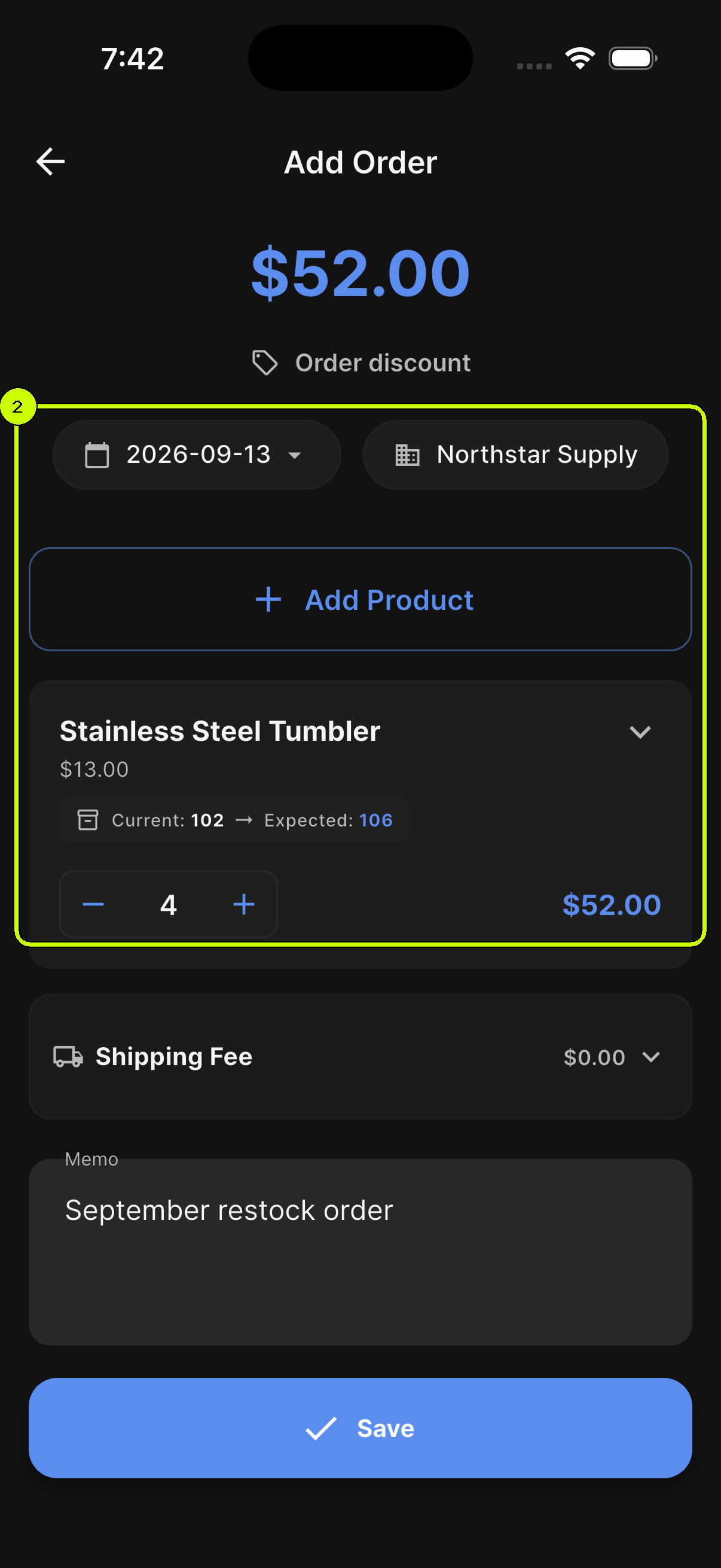 Northstar Supply, four Stainless Steel Tumblers, and the 52 dollar amount highlighted in the SalesDocks English Add Order screen