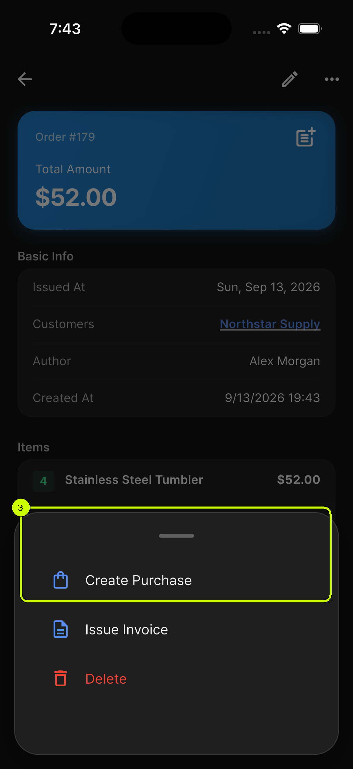 Create Purchase highlighted in the More sheet for a saved SalesDocks English purchase order