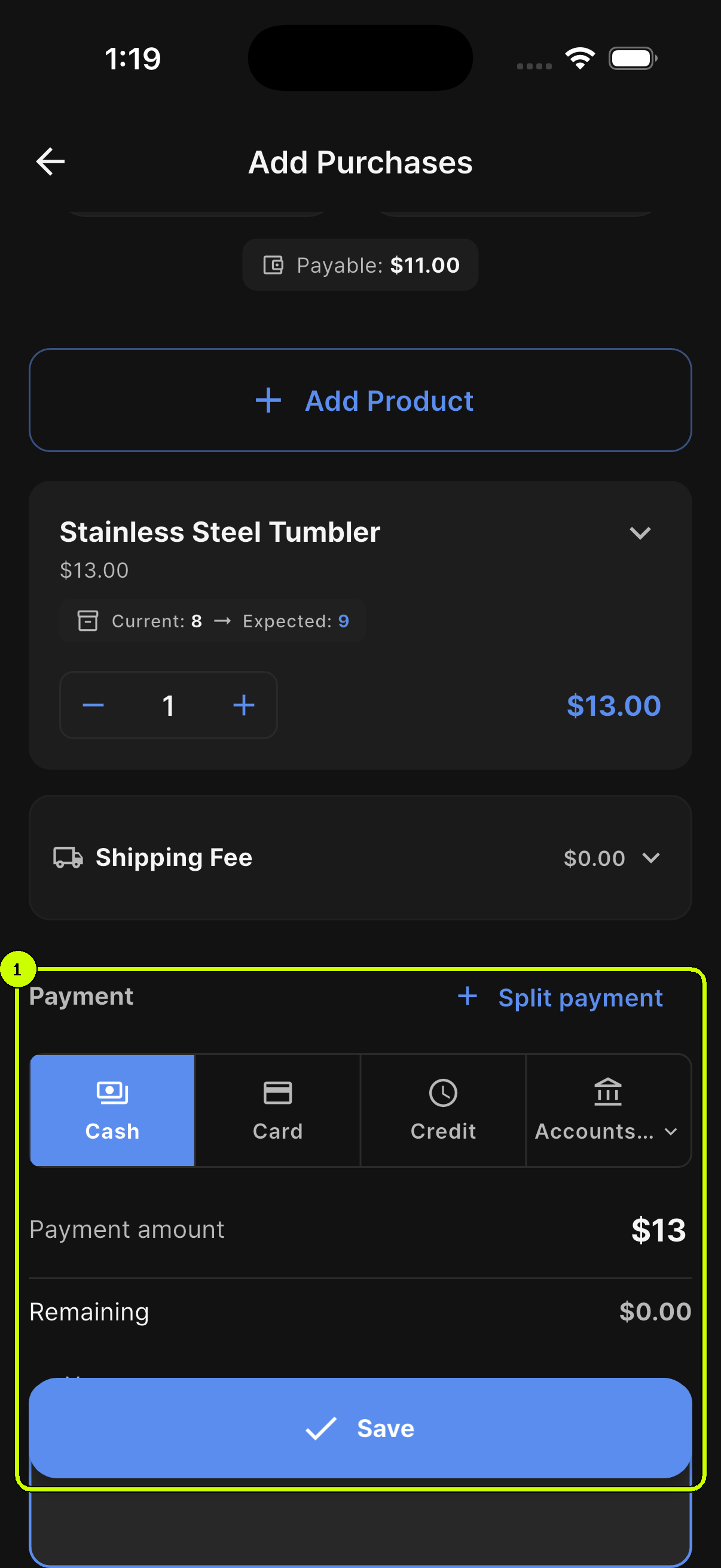 Complete payment section highlighted on a SalesDocks English purchase form