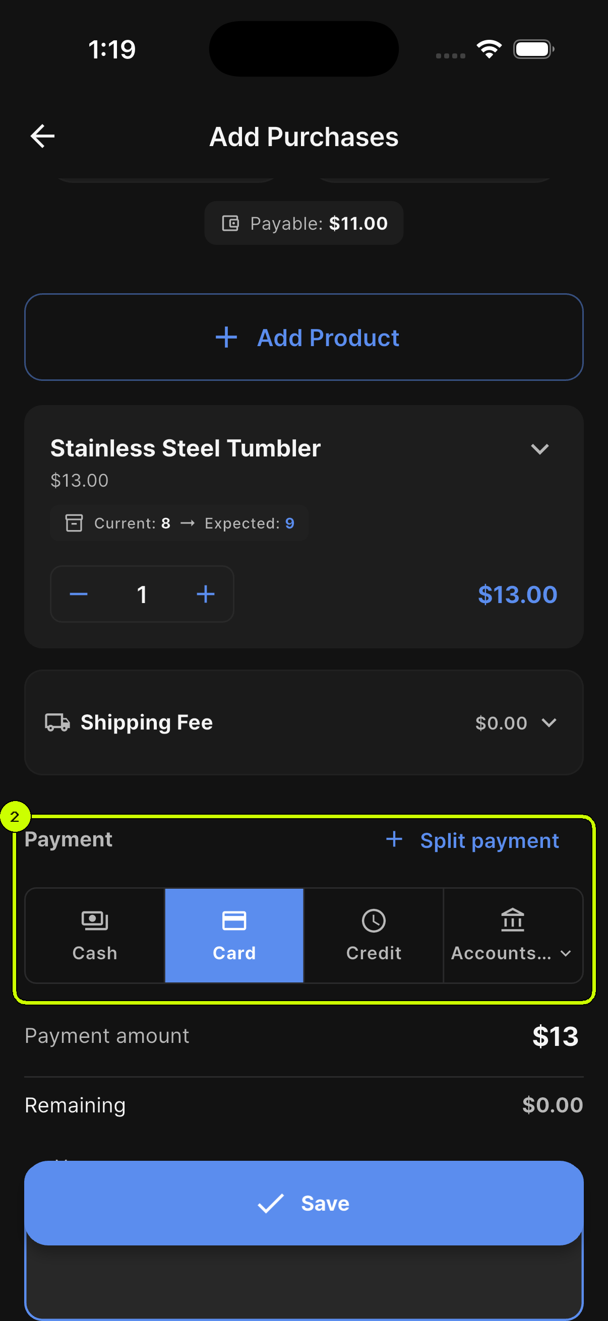 Cash, Card, Credit, and Accounts payment choices highlighted with Card selected on a SalesDocks English purchase form