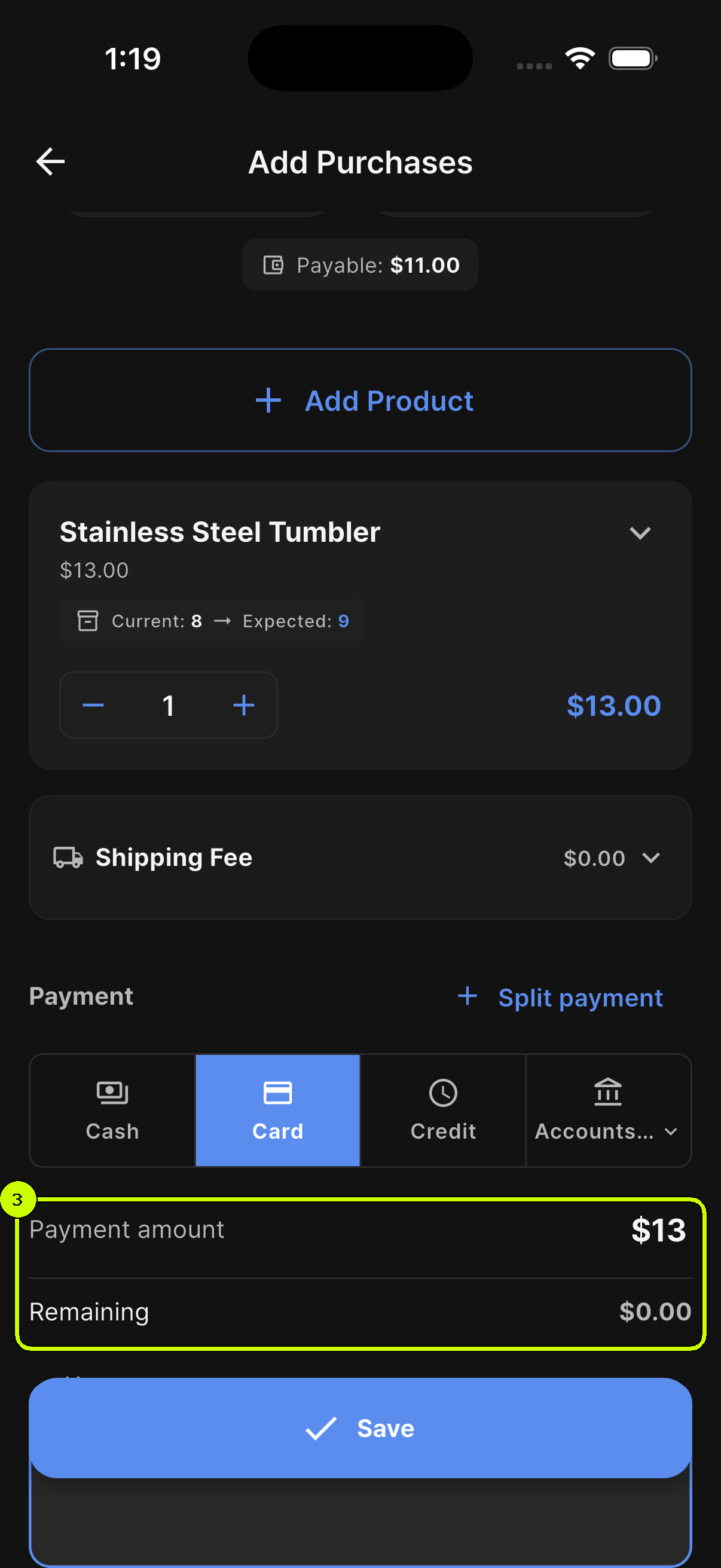 Thirteen dollar payment amount and zero remaining amount highlighted on a SalesDocks English purchase form