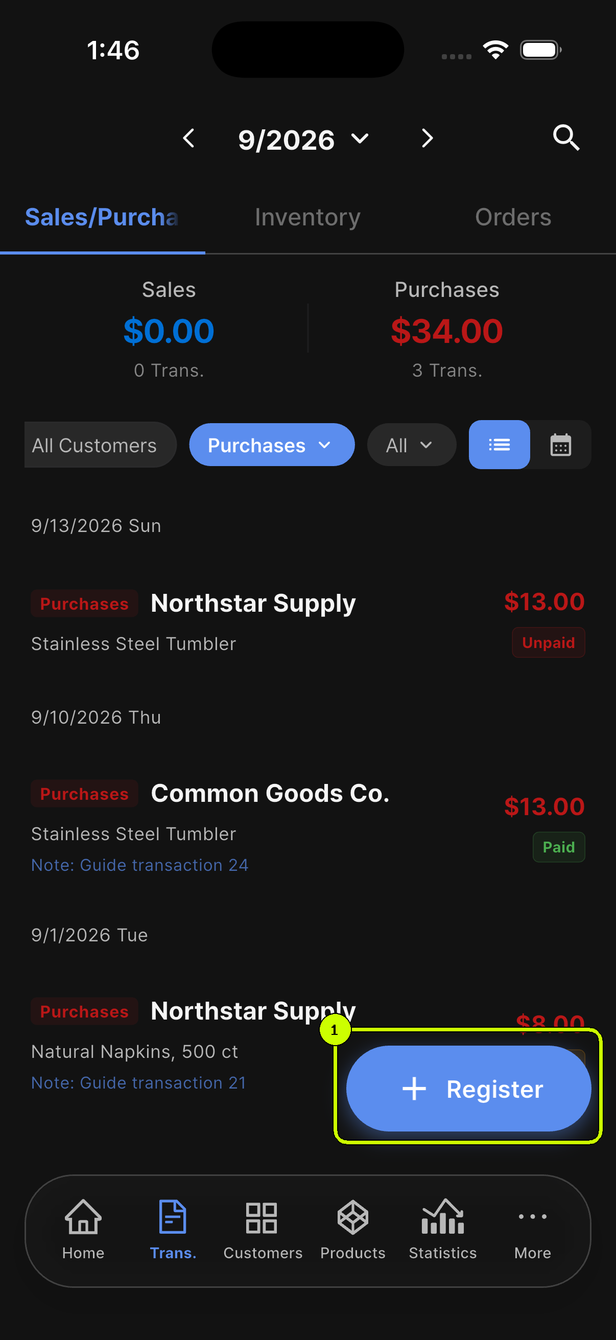 SalesDocks English transaction list filtered to purchases with the Register button highlighted
