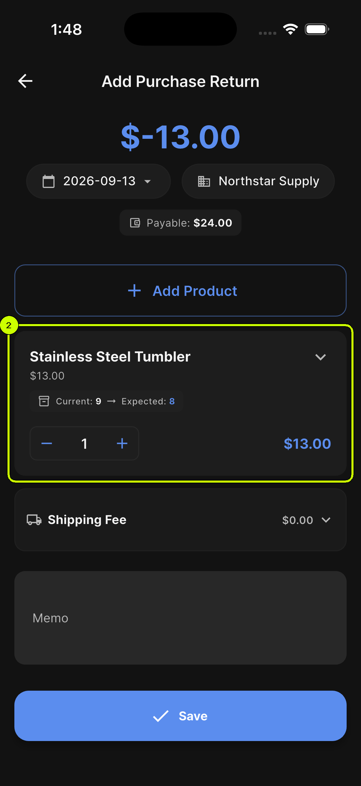 SalesDocks English purchase return form with the Stainless Steel Tumbler quantity and expected stock highlighted