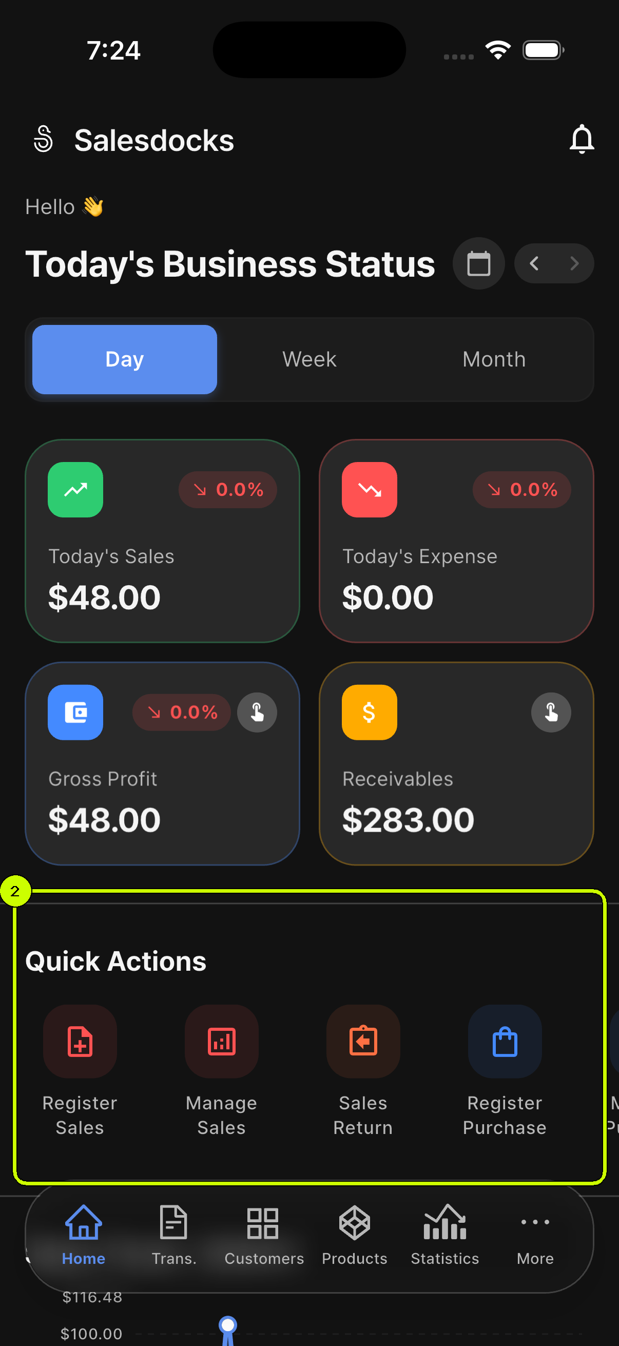 Quick Actions highlighted on the SalesDocks English Home dashboard
