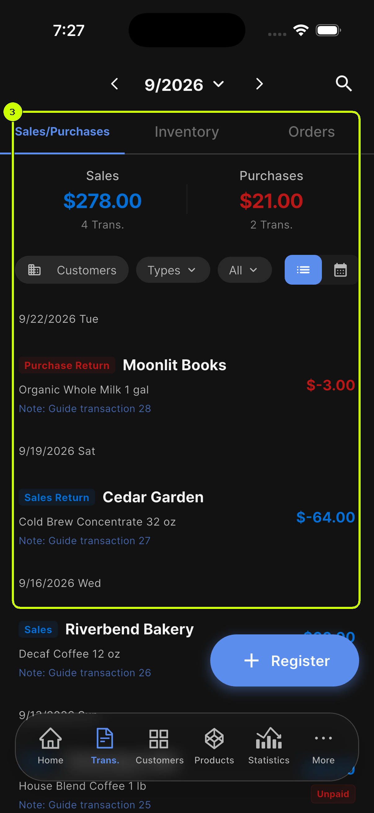 English sales, purchases, returns, filters, and statuses highlighted in SalesDocks transactions