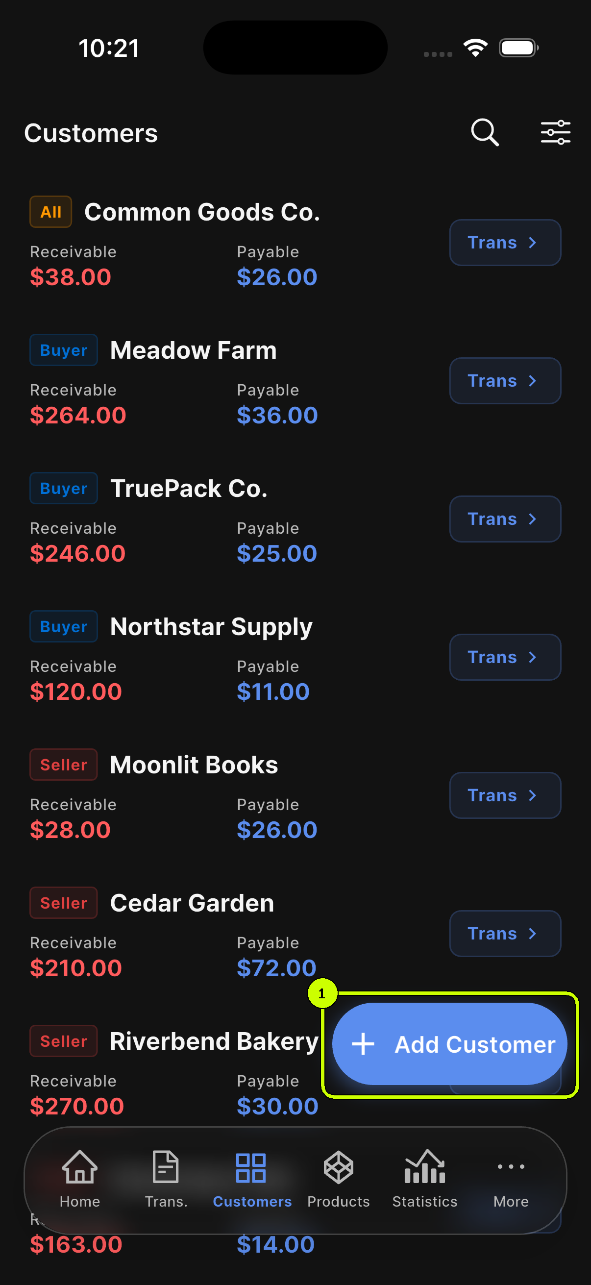 SalesDocks English customer list with the Add Customer button highlighted