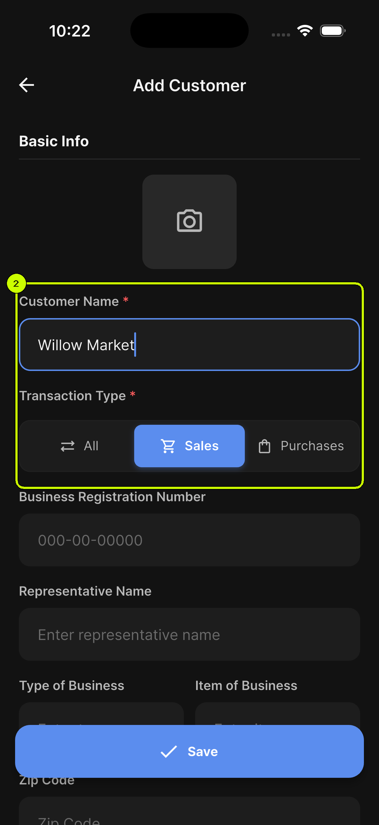 SalesDocks English Add Customer screen with Willow Market and the Sales transaction type entered