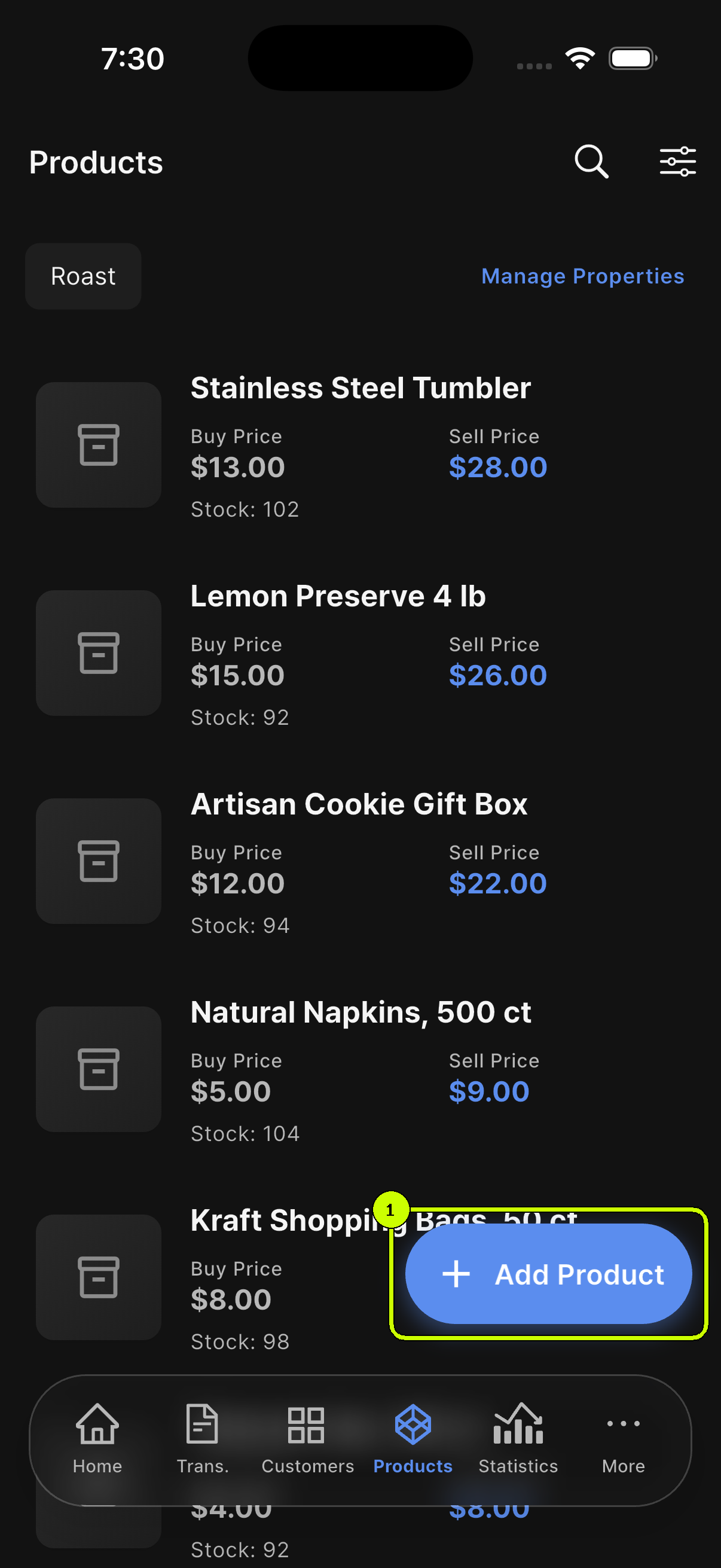 Add Product button highlighted on the SalesDocks English product list
