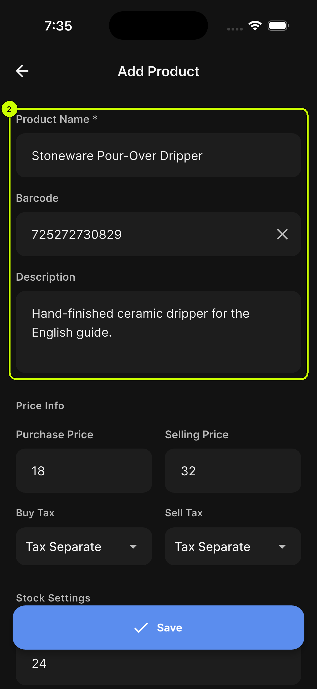 Product name, barcode, and description for Stoneware Pour-Over Dripper highlighted on the SalesDocks English Add Product screen