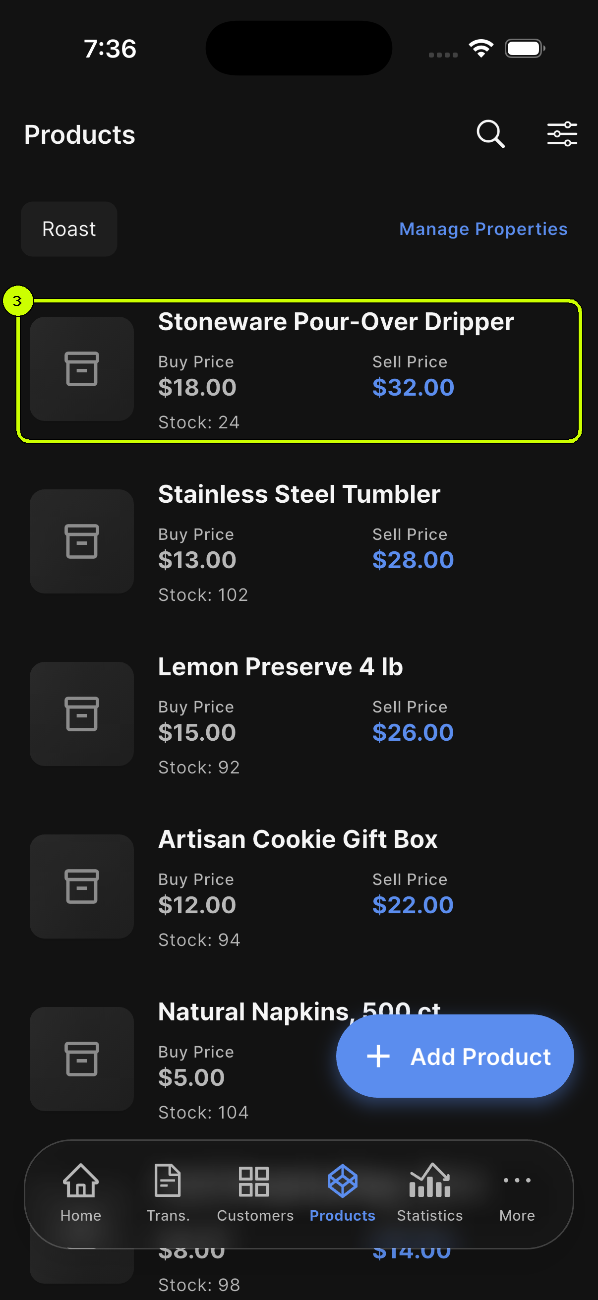 Newly registered Stoneware Pour-Over Dripper highlighted on the SalesDocks English product list