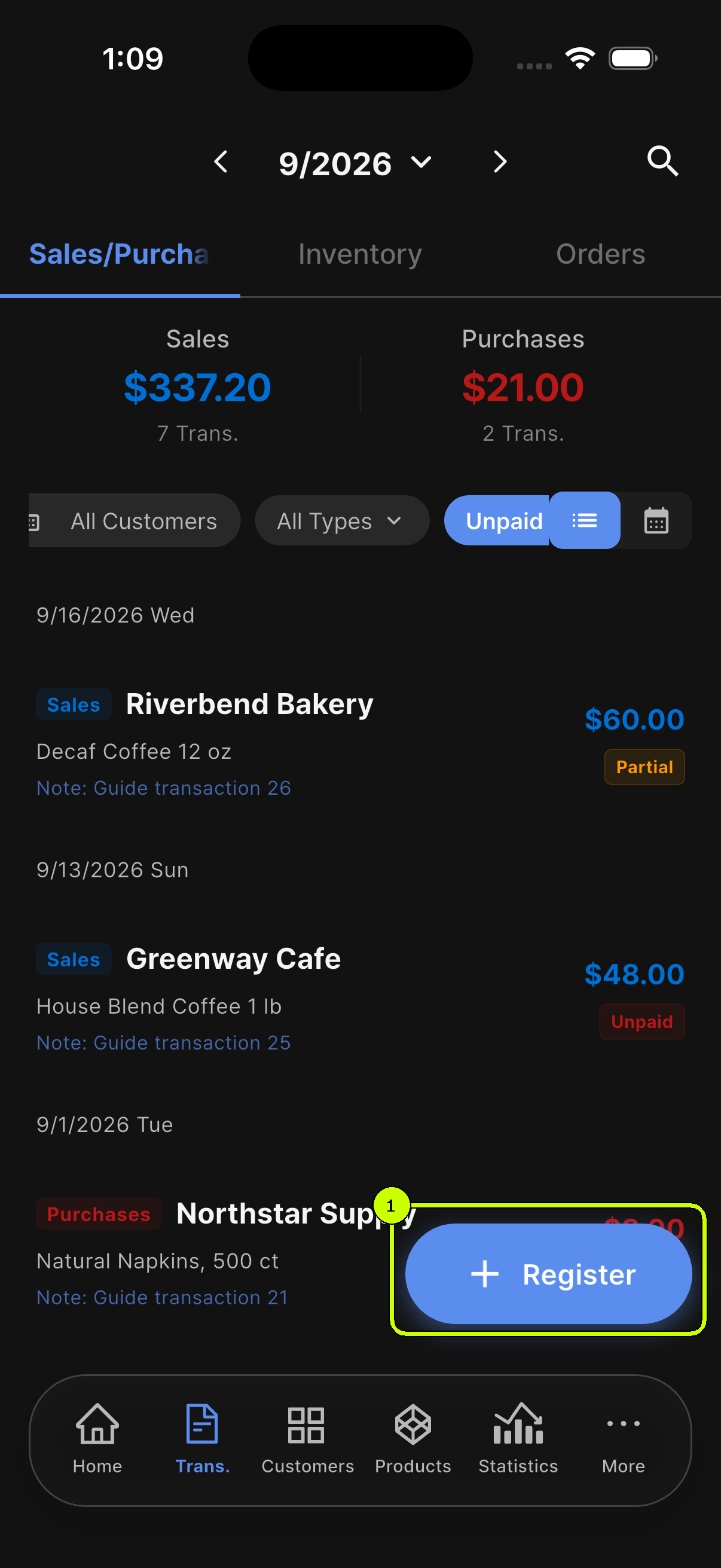Register button highlighted on the SalesDocks English transaction list