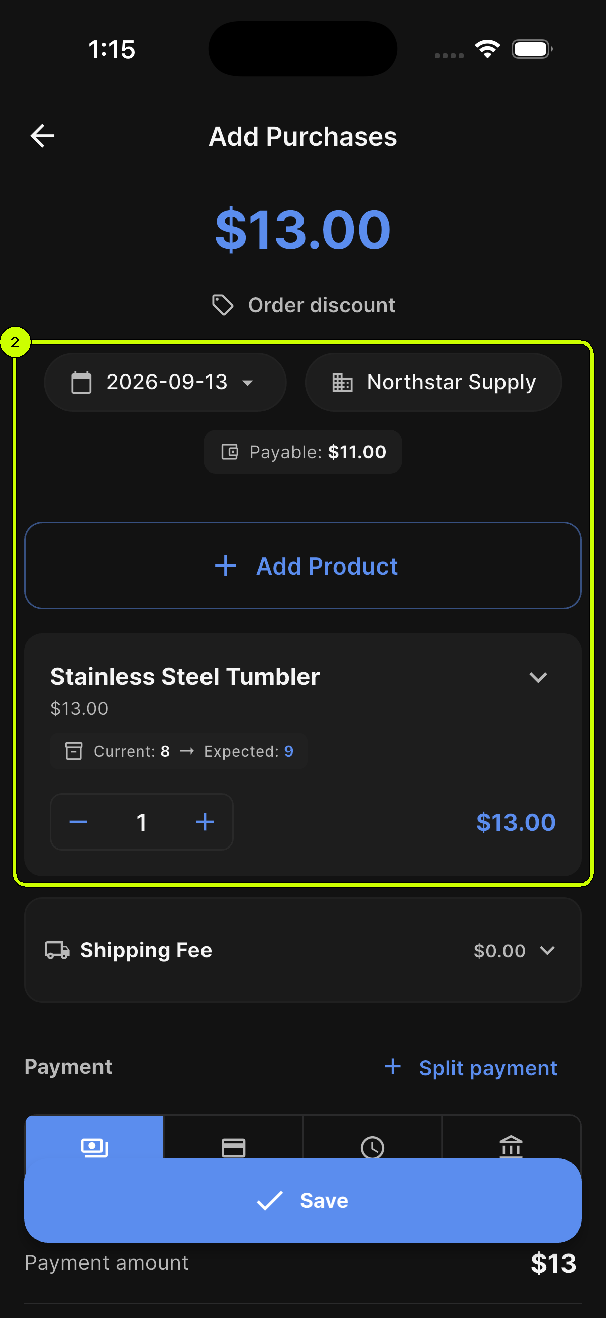 Date, Northstar Supply, Add Product, and Stainless Steel Tumbler purchase card highlighted on a SalesDocks English purchase form
