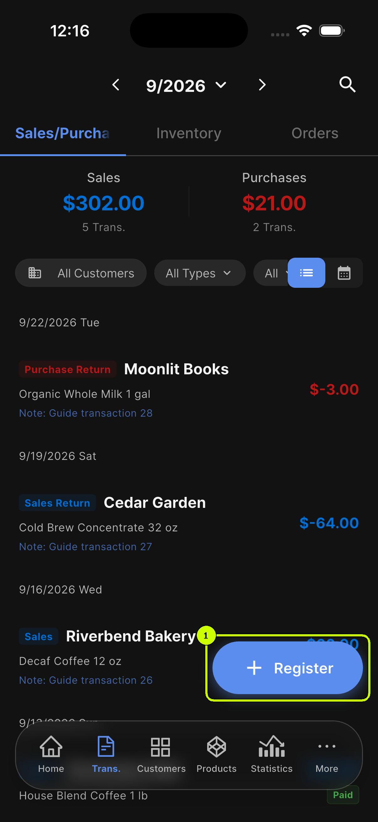Register button highlighted on a realistic SalesDocks English transaction history