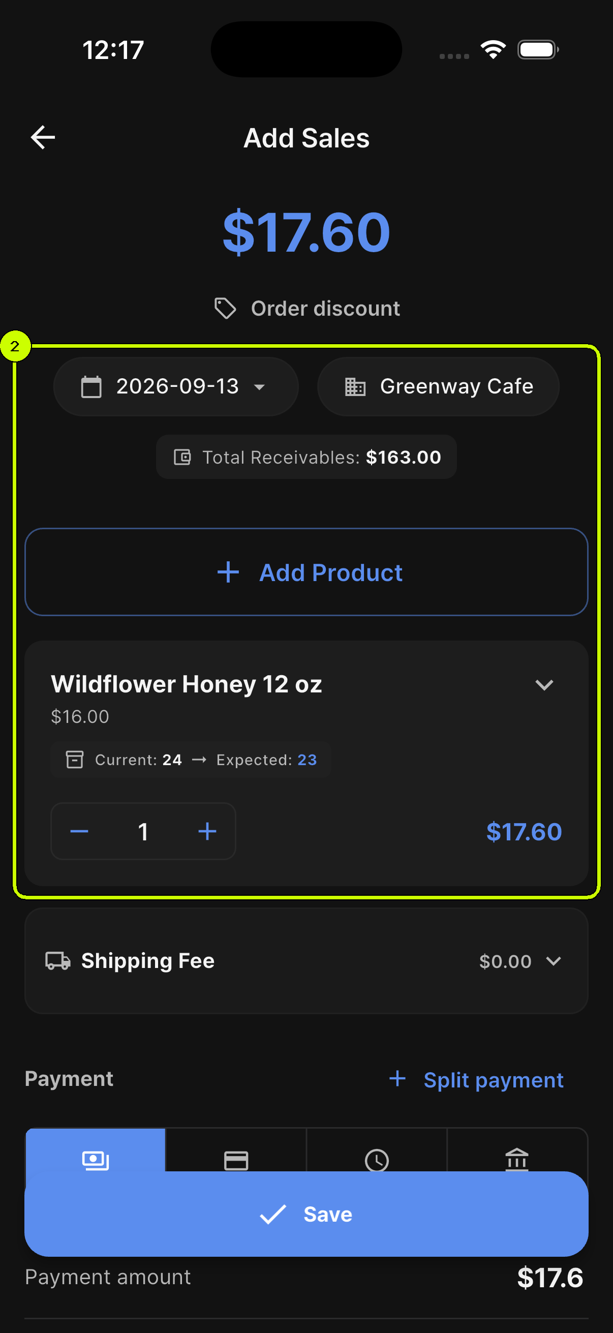 SalesDocks English sale for Greenway Cafe with one Wildflower Honey 12 oz and expected stock shown