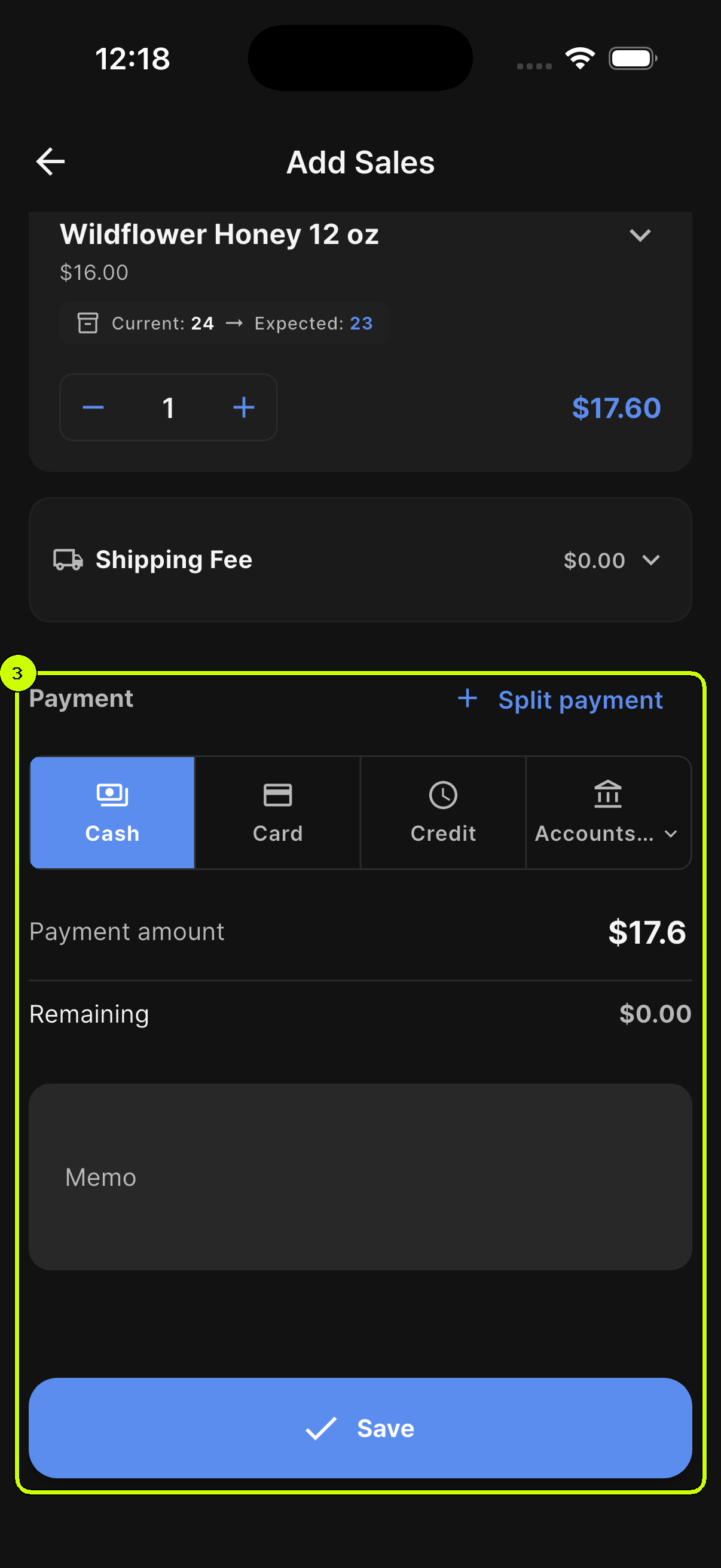 Cash payment, payment amount, zero remaining amount, and Save highlighted in a SalesDocks English sale