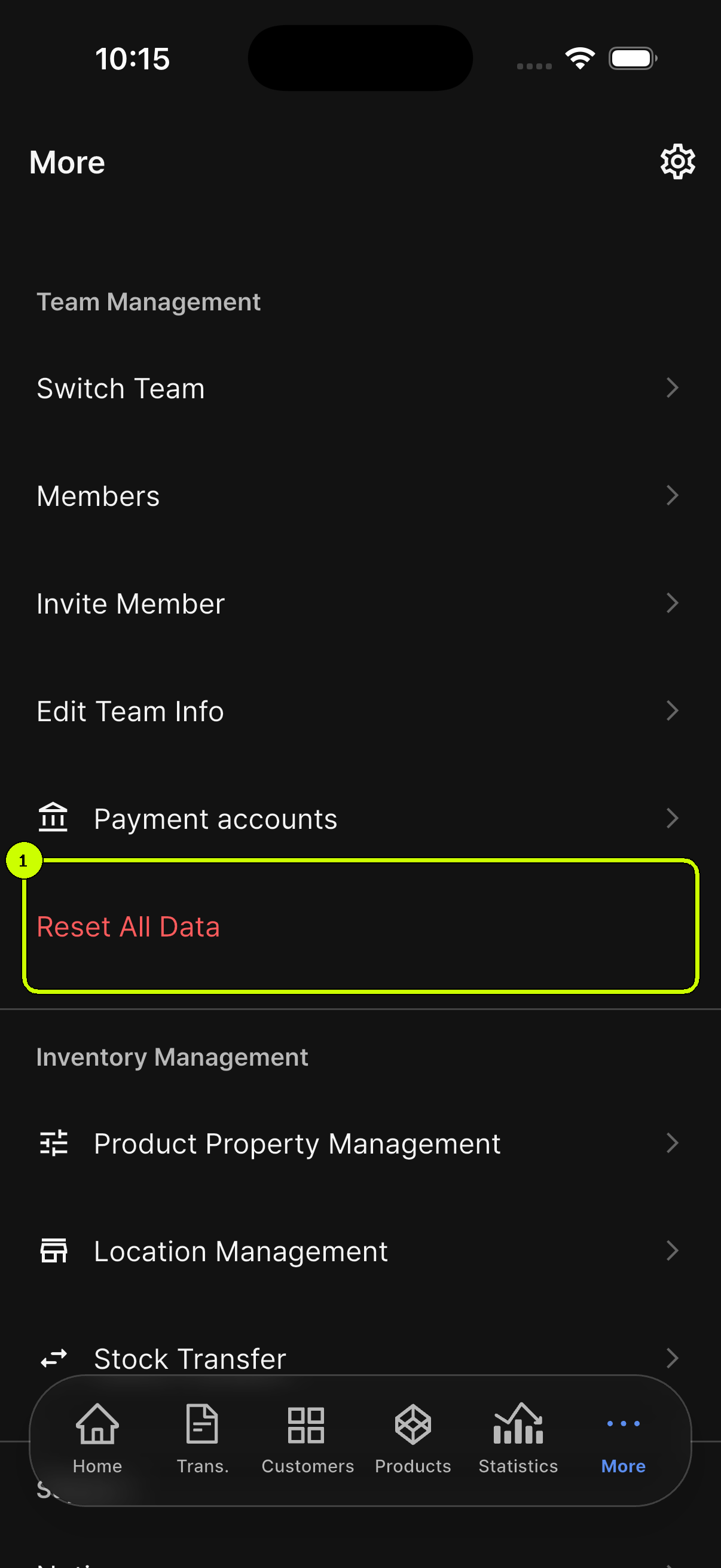 SalesDocks English More screen with Reset All Data highlighted under Team Management