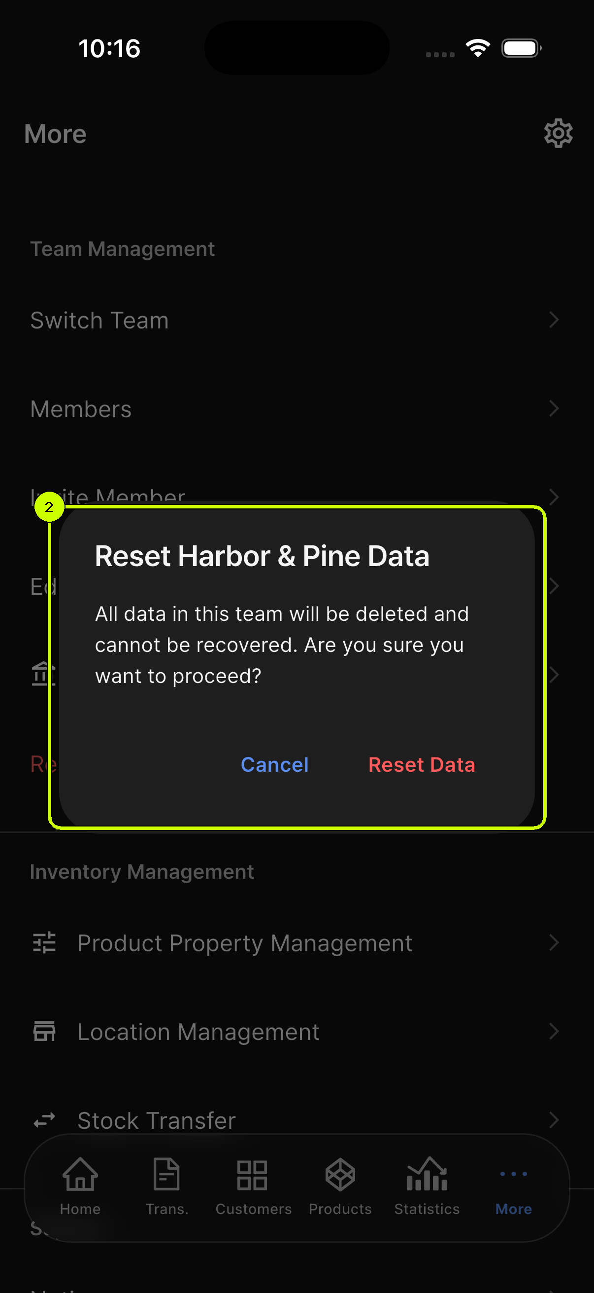 SalesDocks English confirmation dialog warning that all Harbor and Pine data will be deleted permanently