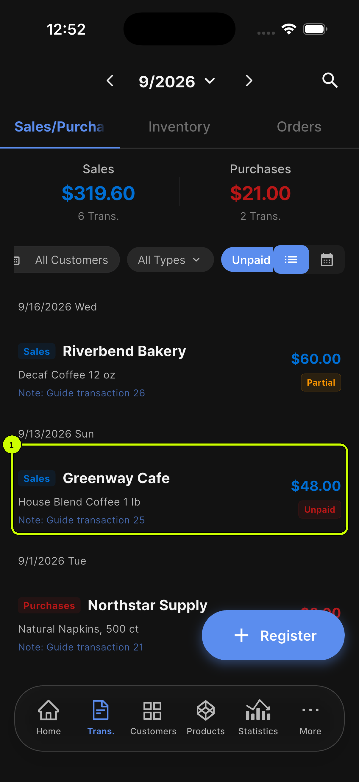 Greenway Cafe unpaid sale highlighted in the SalesDocks English transaction list