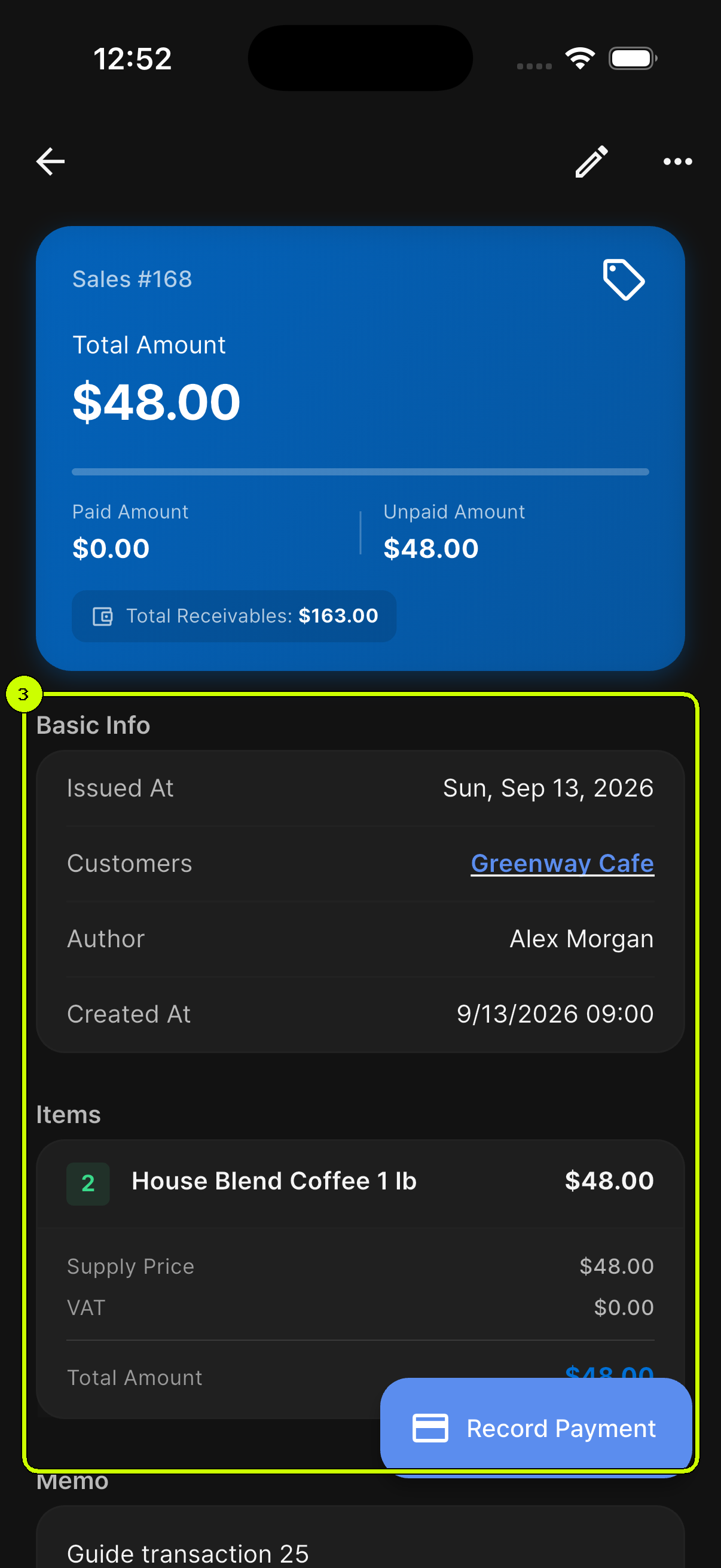 Basic Info and Items sections highlighted in a SalesDocks English unpaid sale detail