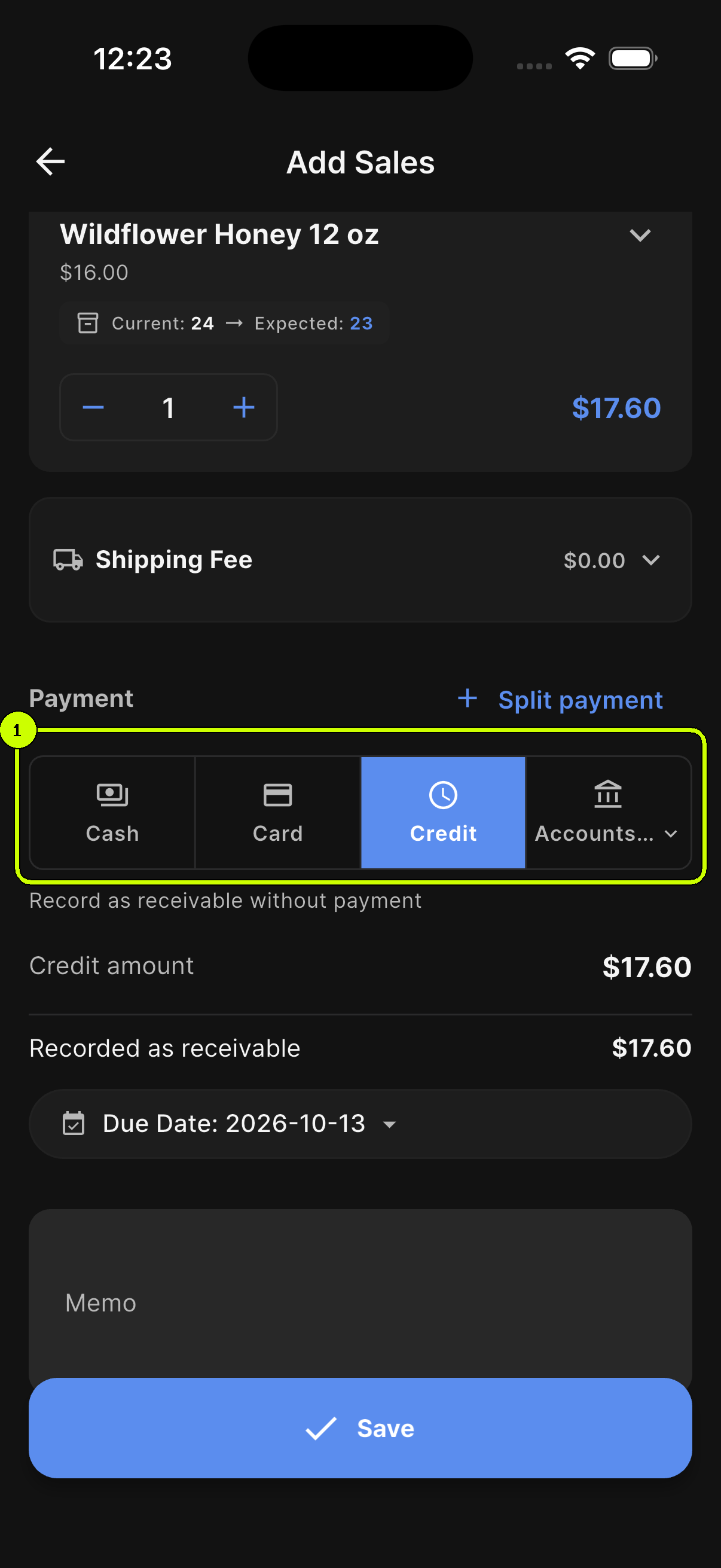 Credit selected among the payment methods in a SalesDocks English sale for Greenway Cafe