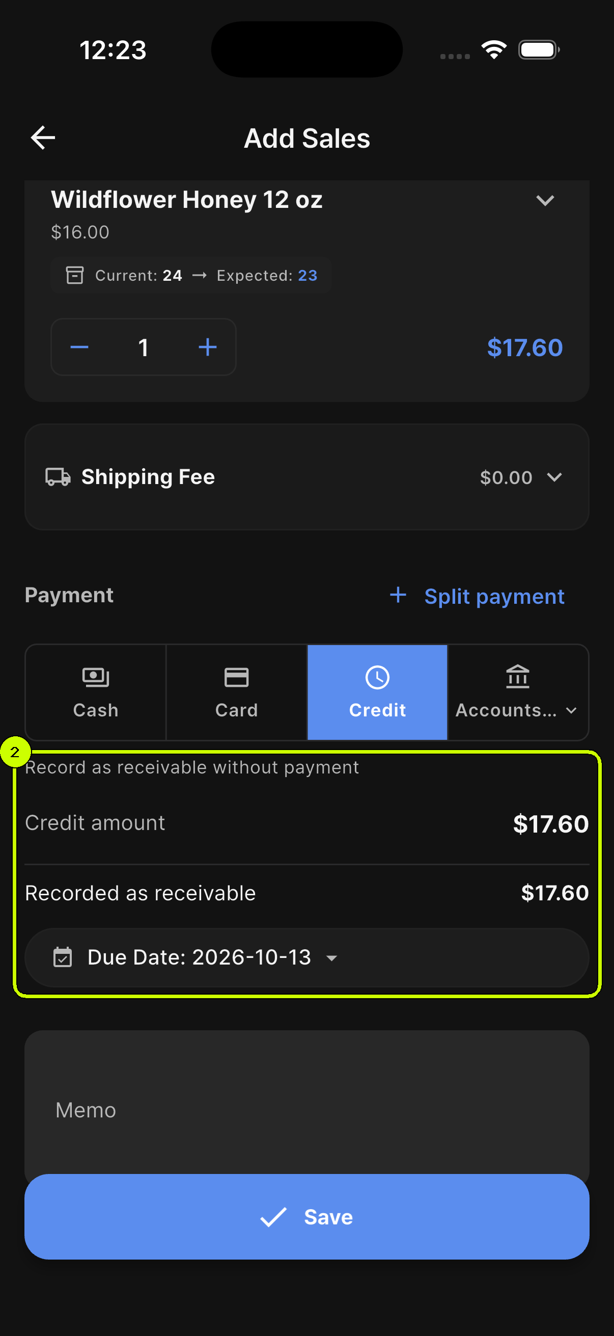 Credit amount, recorded receivable, and due date highlighted in a SalesDocks English credit sale