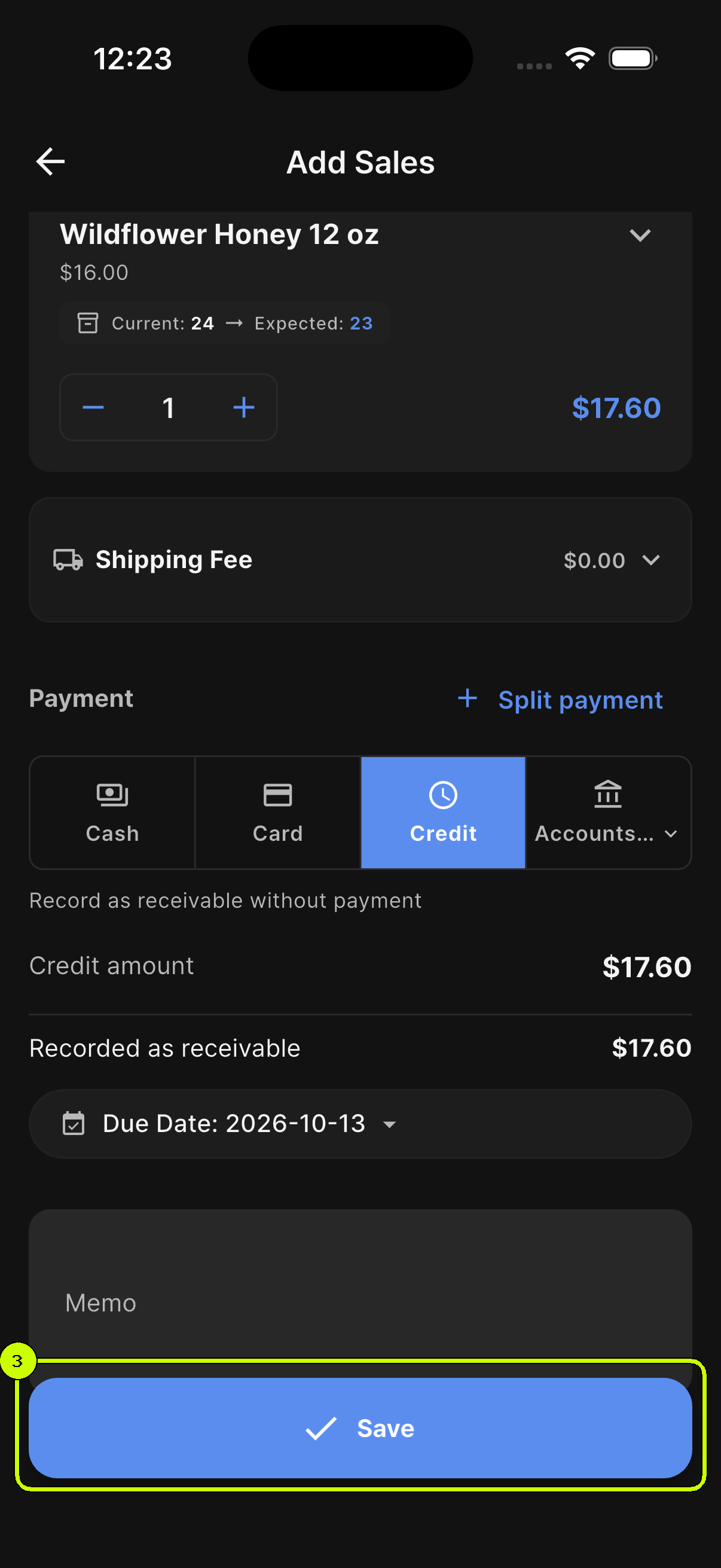 Save button highlighted at the bottom of a SalesDocks English credit sale