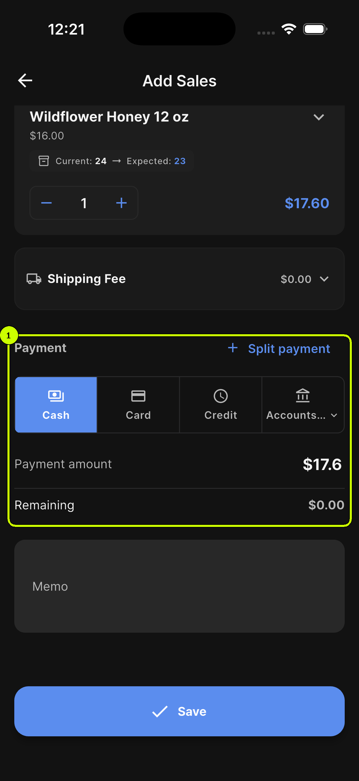 Complete payment section highlighted in a SalesDocks English sale for Greenway Cafe