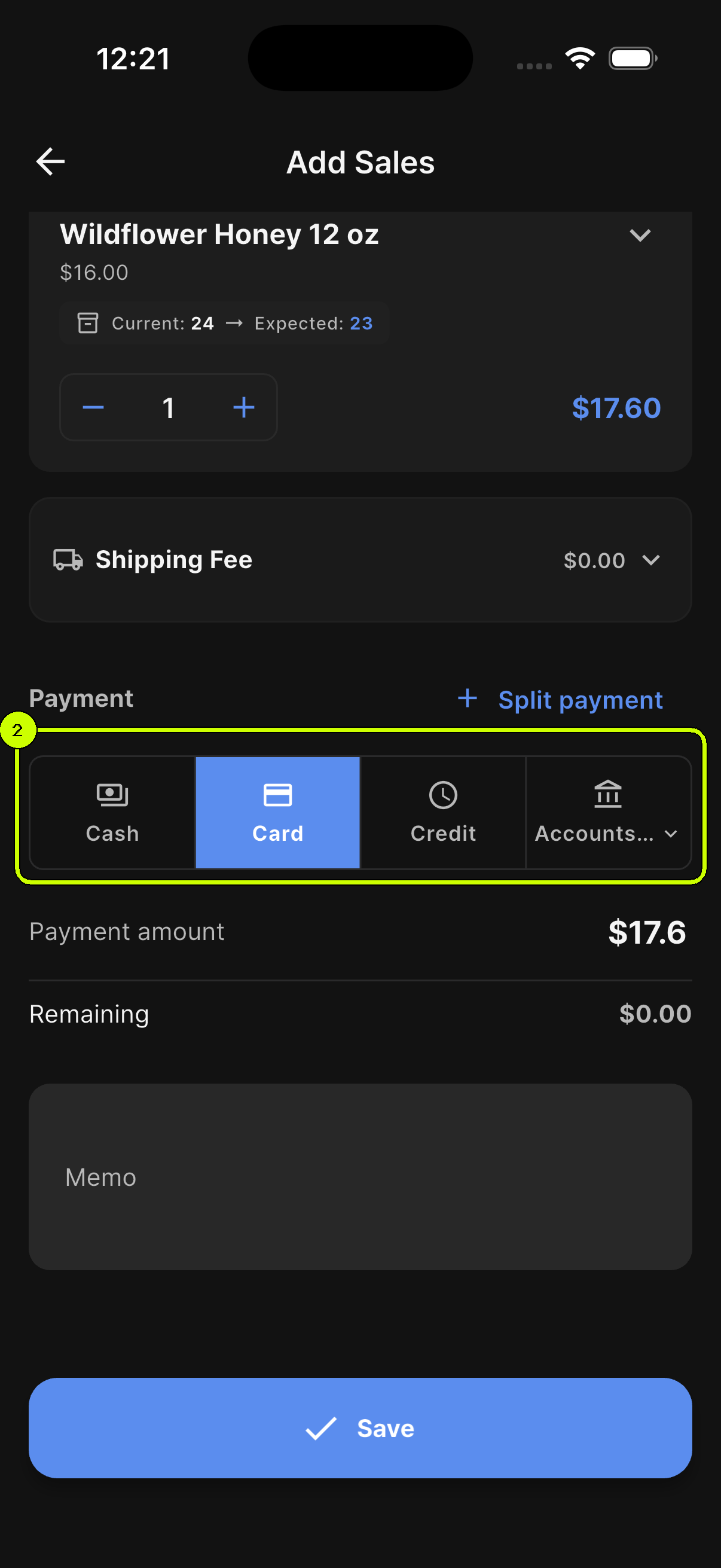 Card selected among Cash, Card, Credit, and Accounts in a SalesDocks English sale
