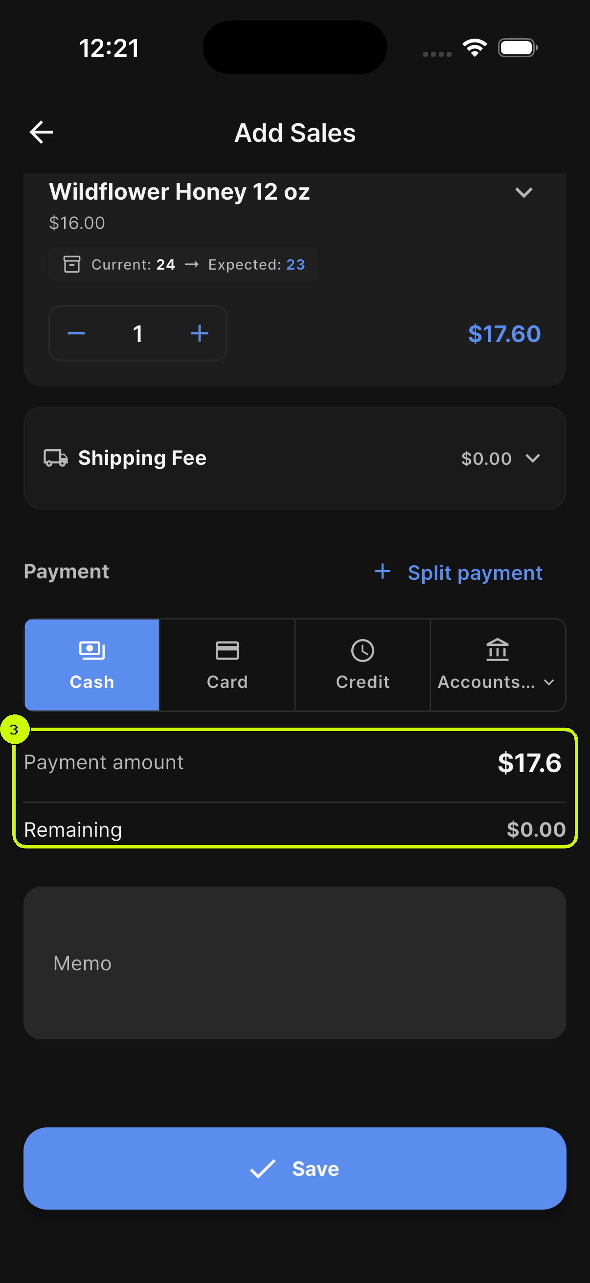 Payment amount and zero remaining balance highlighted in a SalesDocks English cash sale