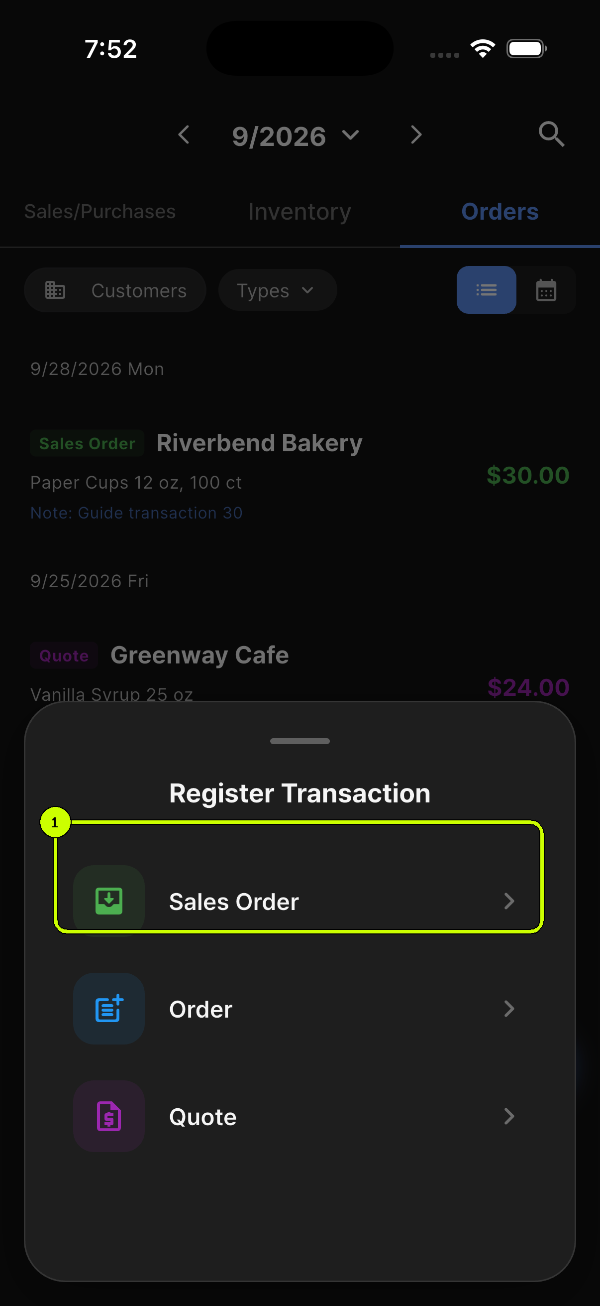 Sales Order highlighted in the Register Transaction sheet on the SalesDocks English Orders tab