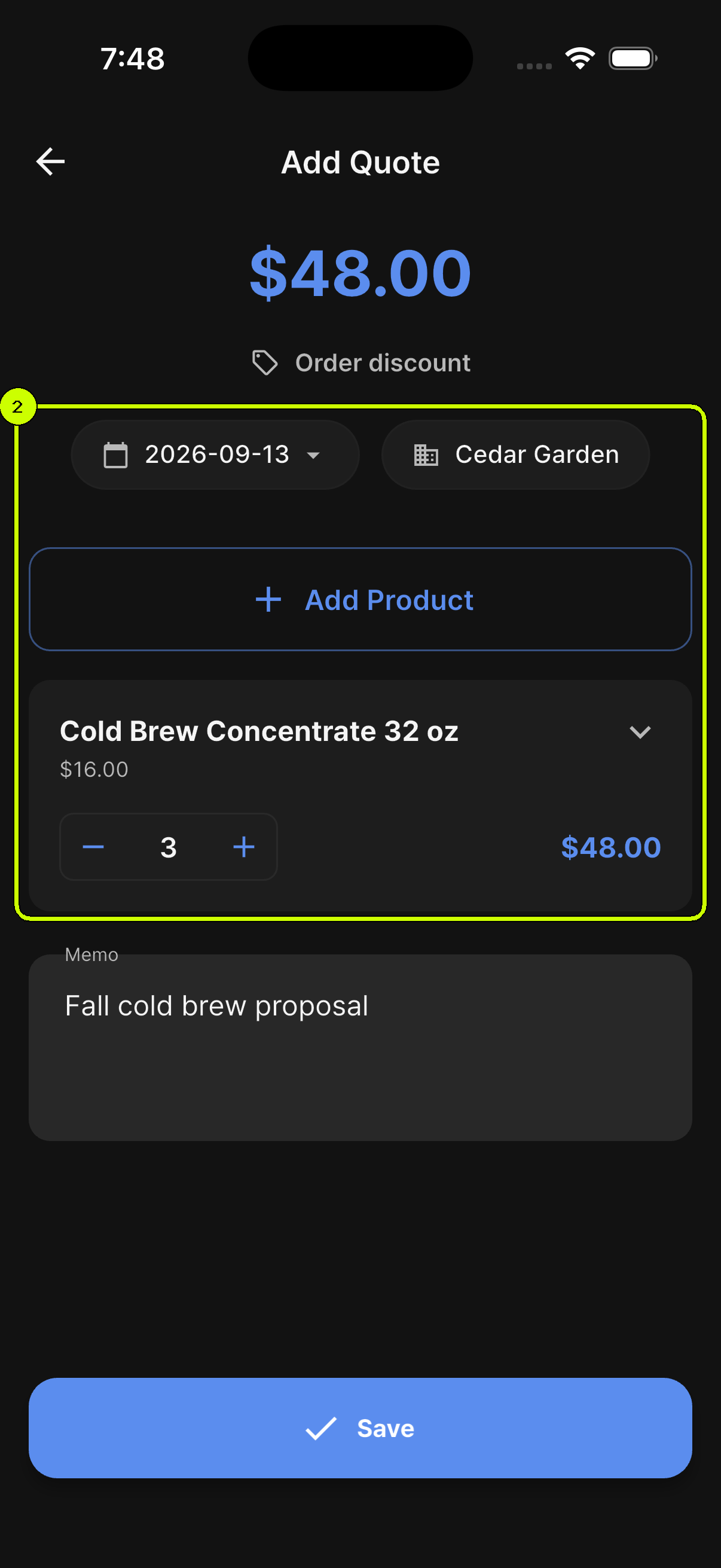 Cedar Garden, three Cold Brew Concentrates, and the 48 dollar amount highlighted in the SalesDocks English Add Quote screen