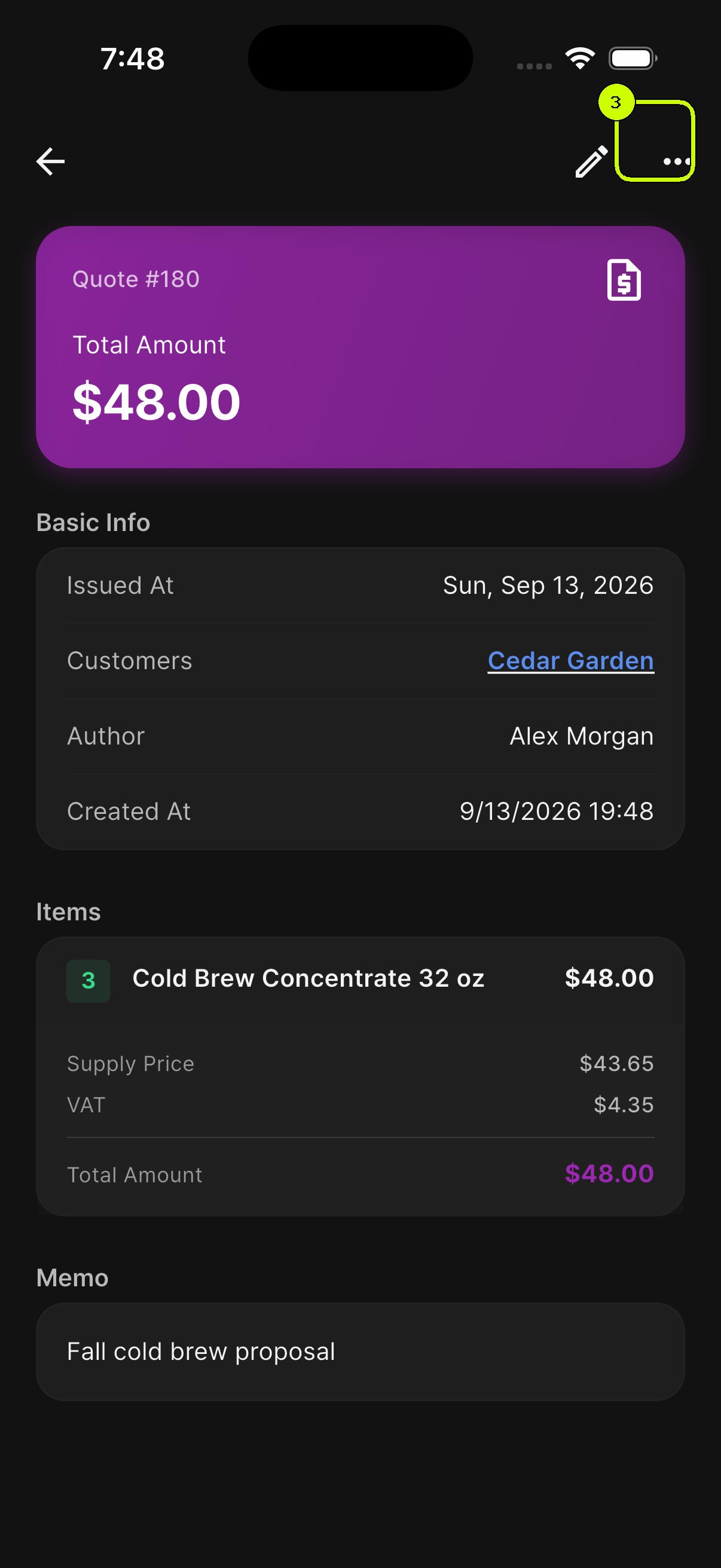 More button highlighted on a saved quote in the SalesDocks English app