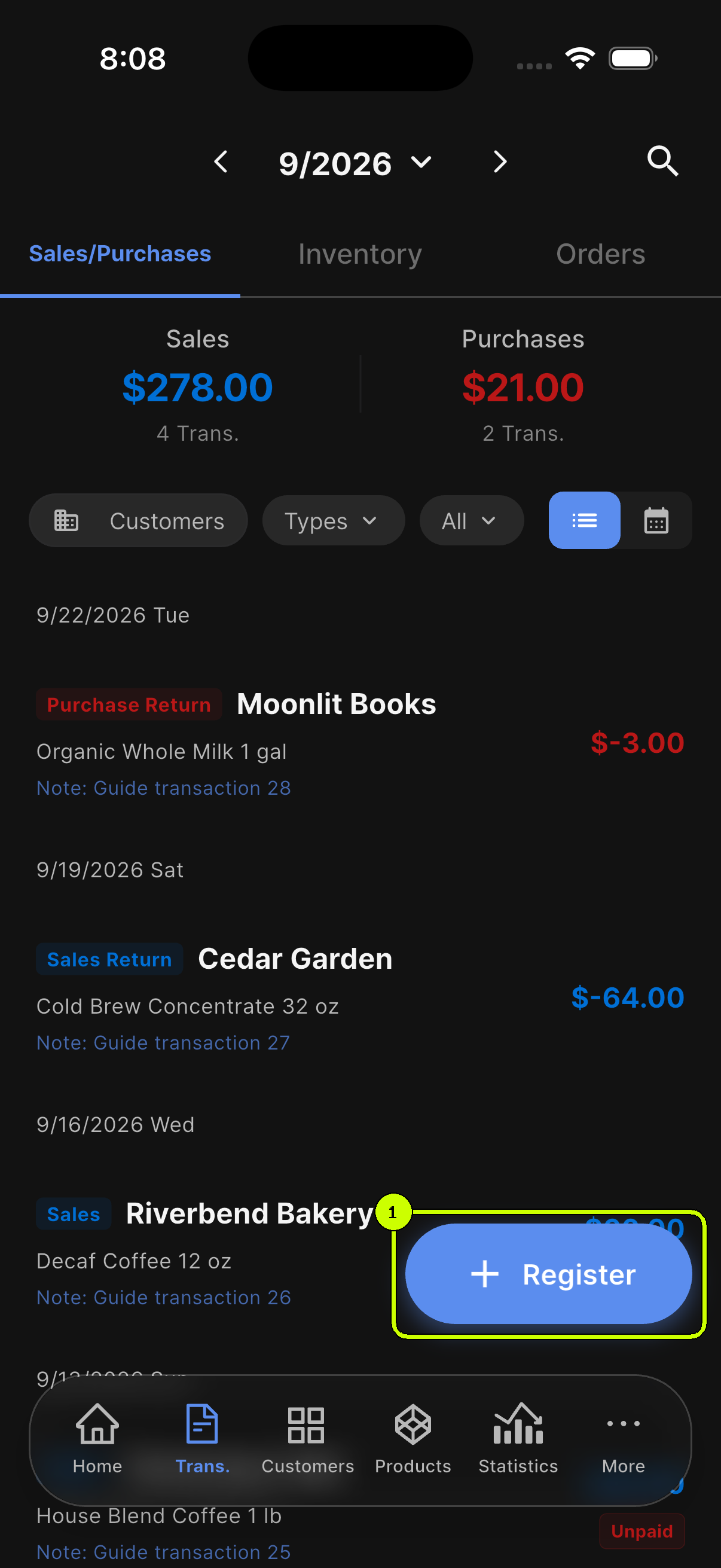 SalesDocks English transaction list with the Register button highlighted