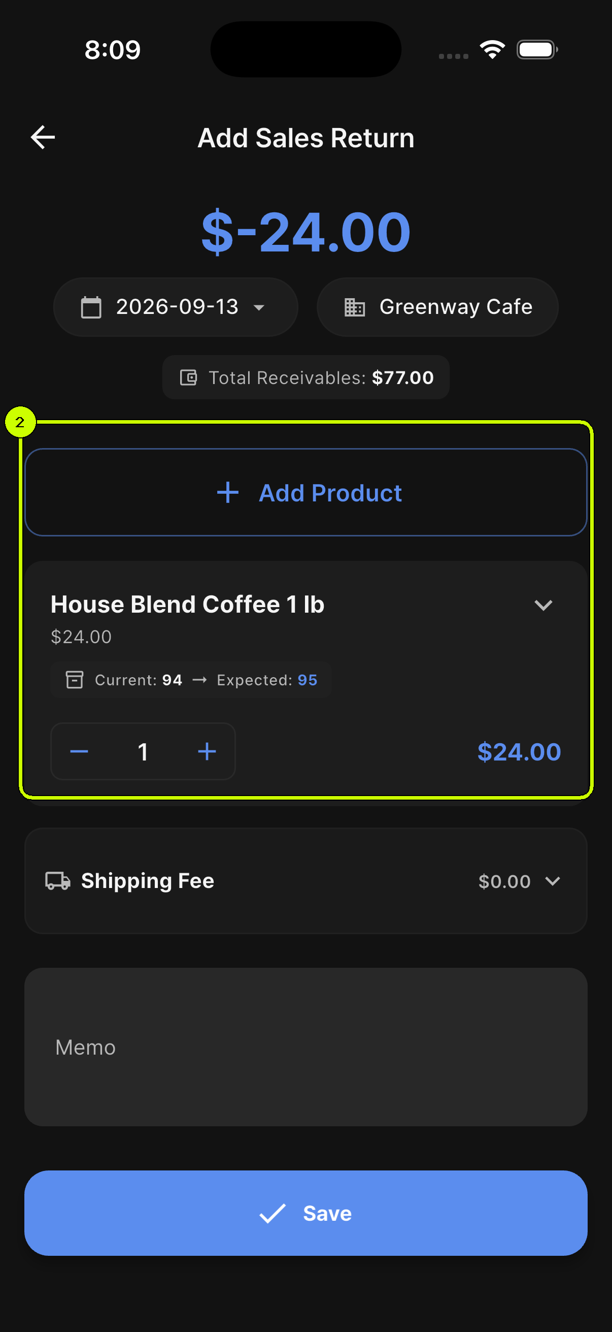 SalesDocks English sales return form with House Blend Coffee, the return amount, and expected stock increase highlighted