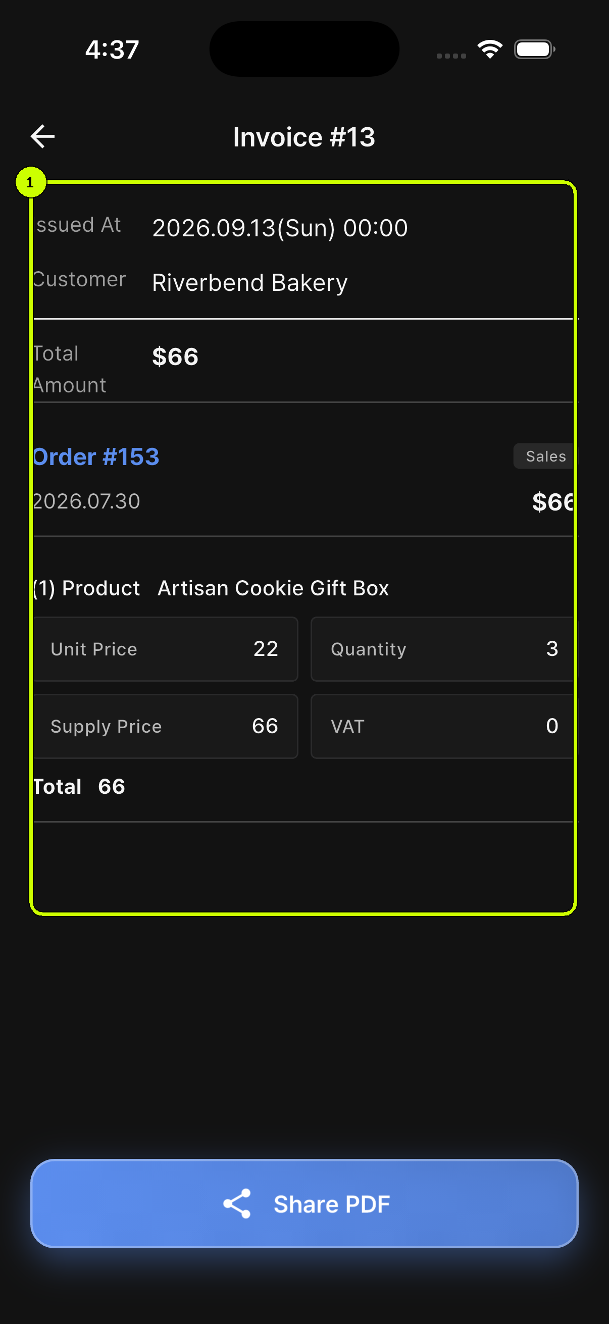 Customer, total, and Artisan Cookie Gift Box details highlighted on SalesDocks English Invoice 13