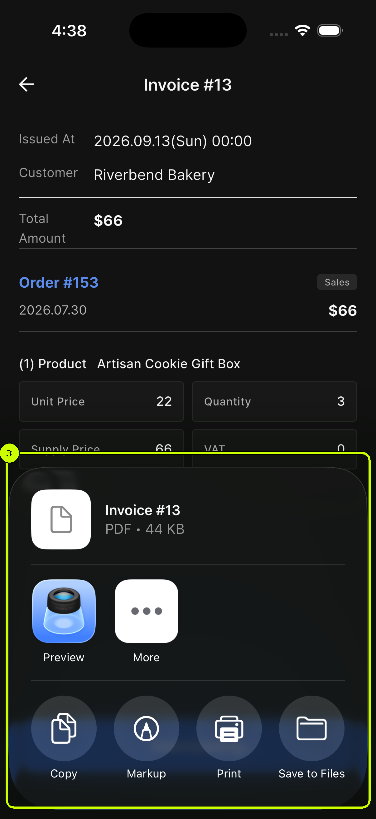 Preview and Save to Files highlighted in the English iOS share menu for SalesDocks Invoice 13
