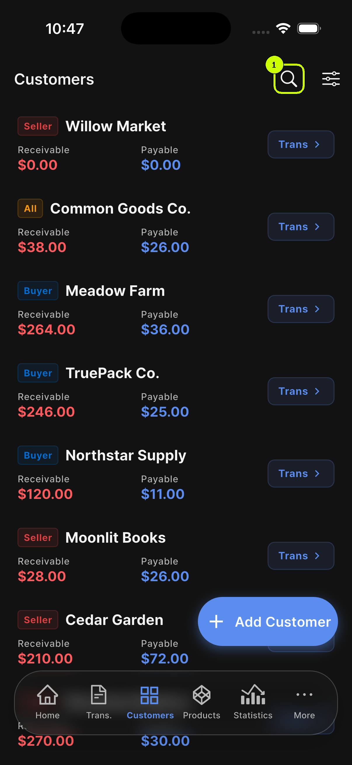 Search icon highlighted at the top of the SalesDocks English customer list