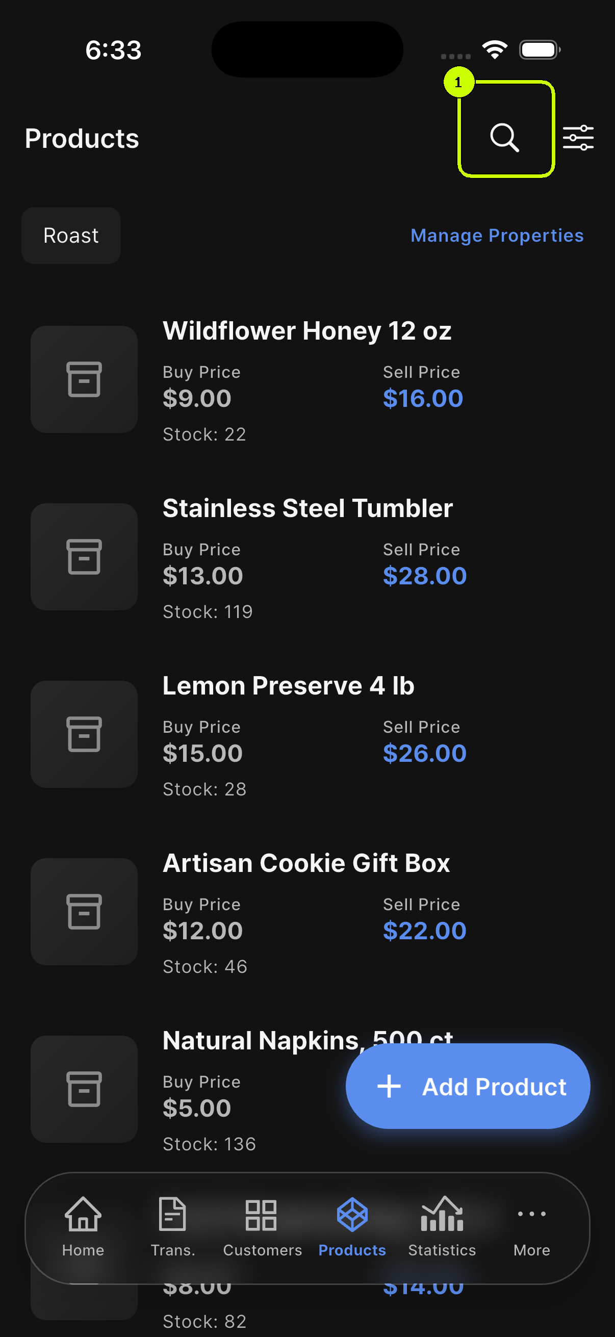 Search icon highlighted at the top of the SalesDocks English product list