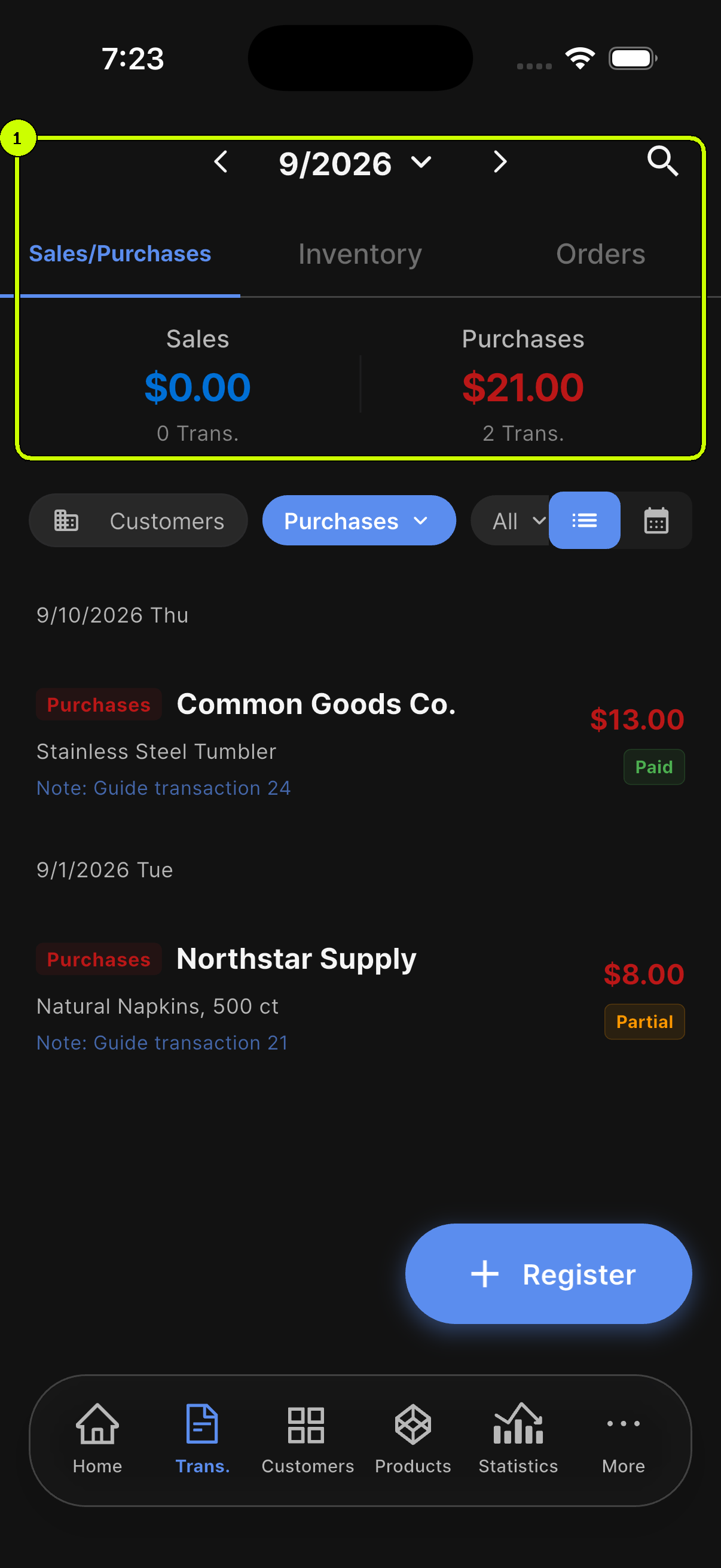 SalesDocks English transaction history with the period, Sales and Purchases summary highlighted