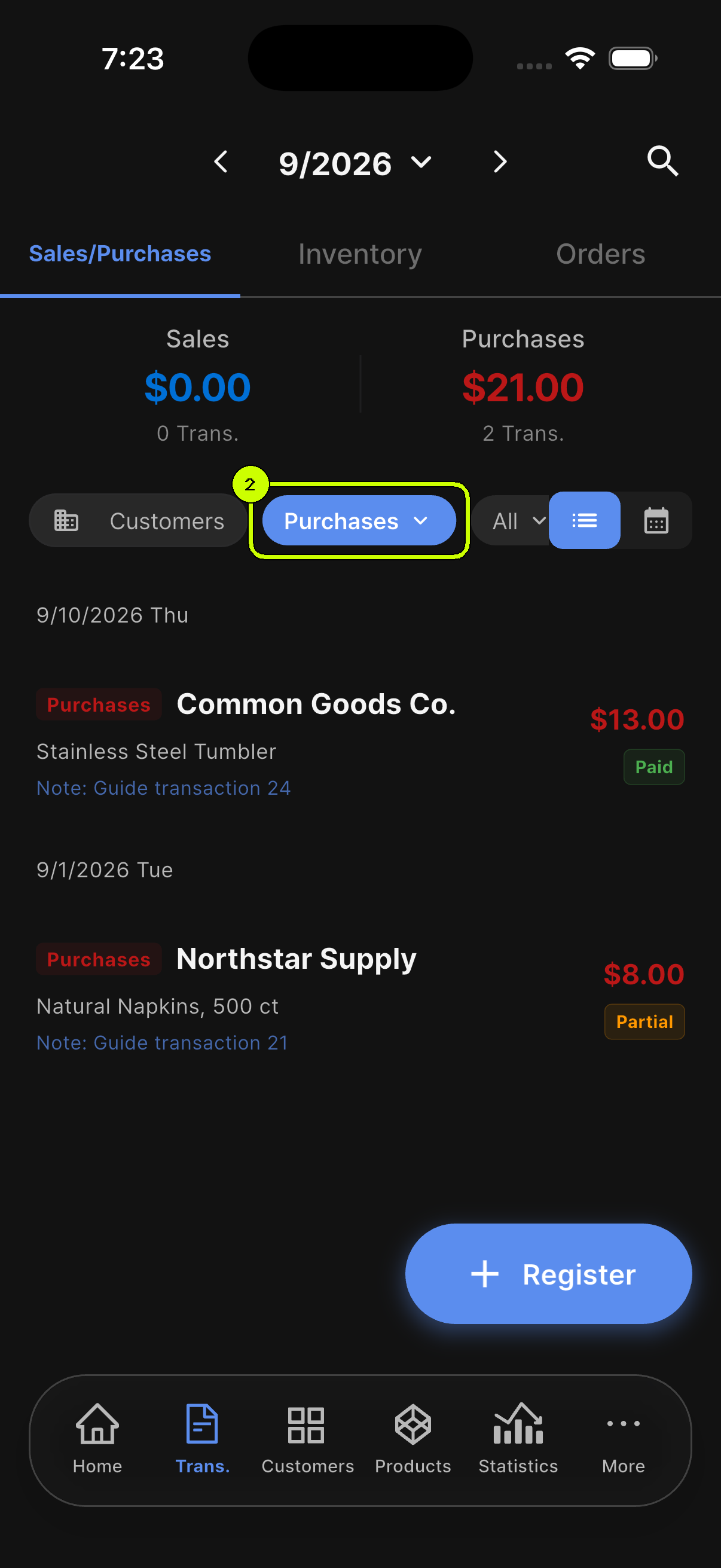 SalesDocks English transaction list with the Purchases type filter highlighted