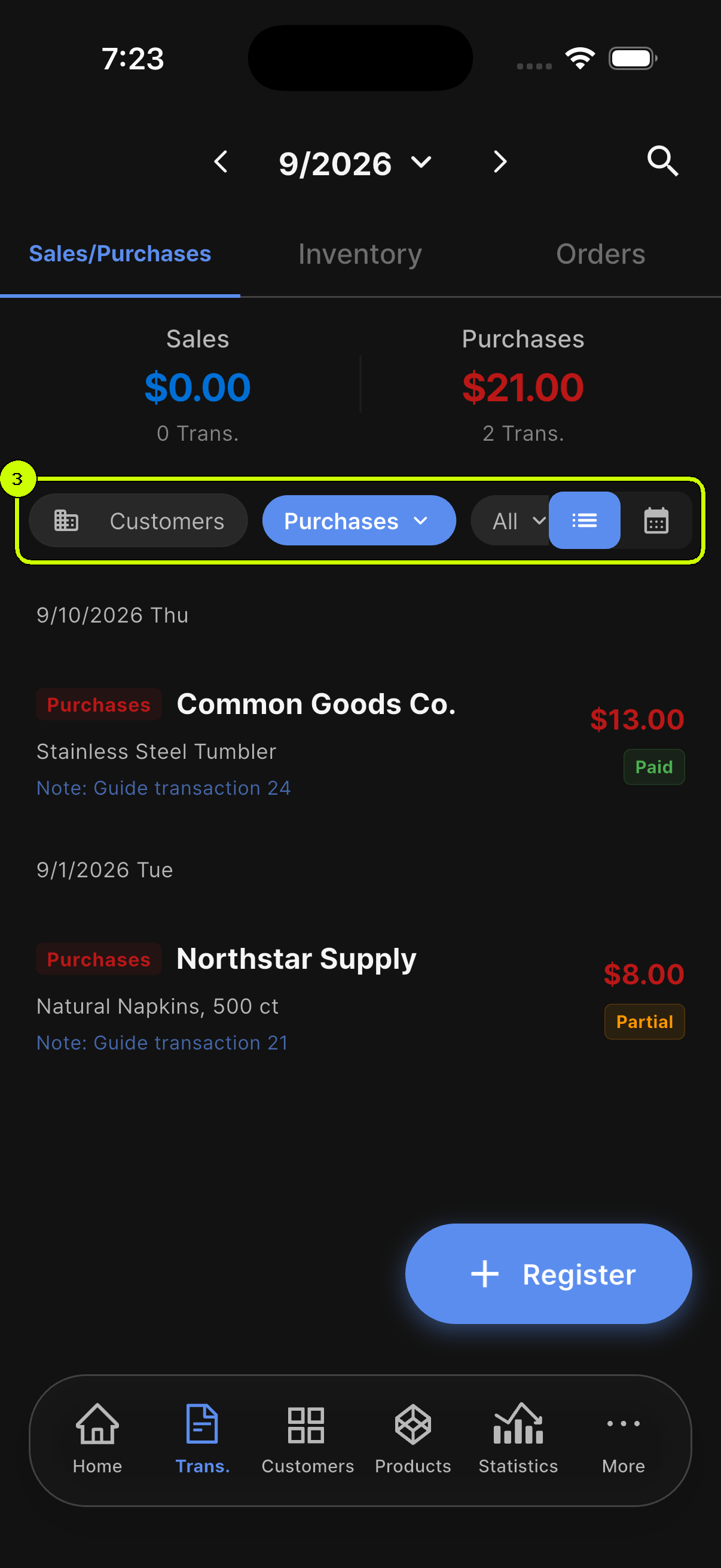 SalesDocks English transaction list with customer, purchase type, and payment status filters highlighted