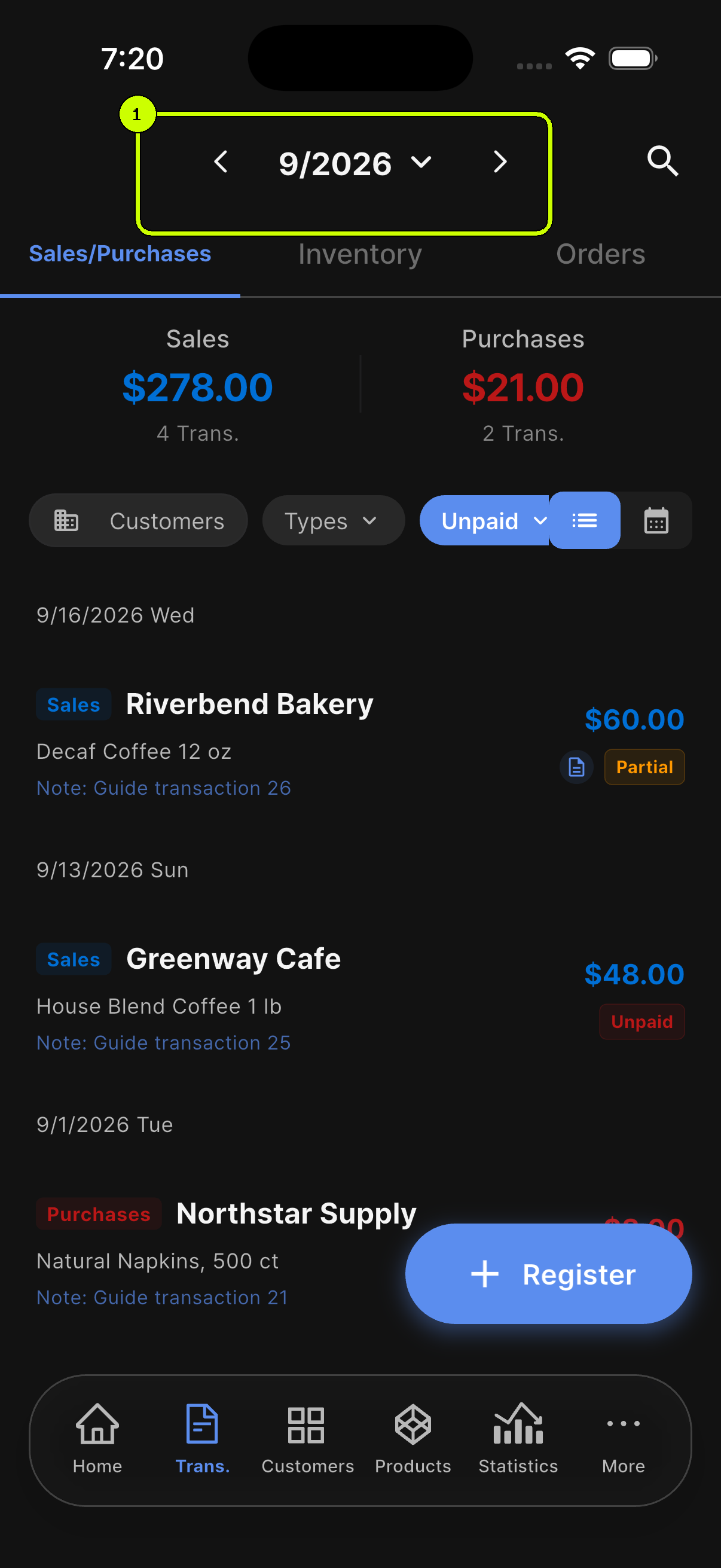 SalesDocks English transaction list with the month navigation and period selector highlighted