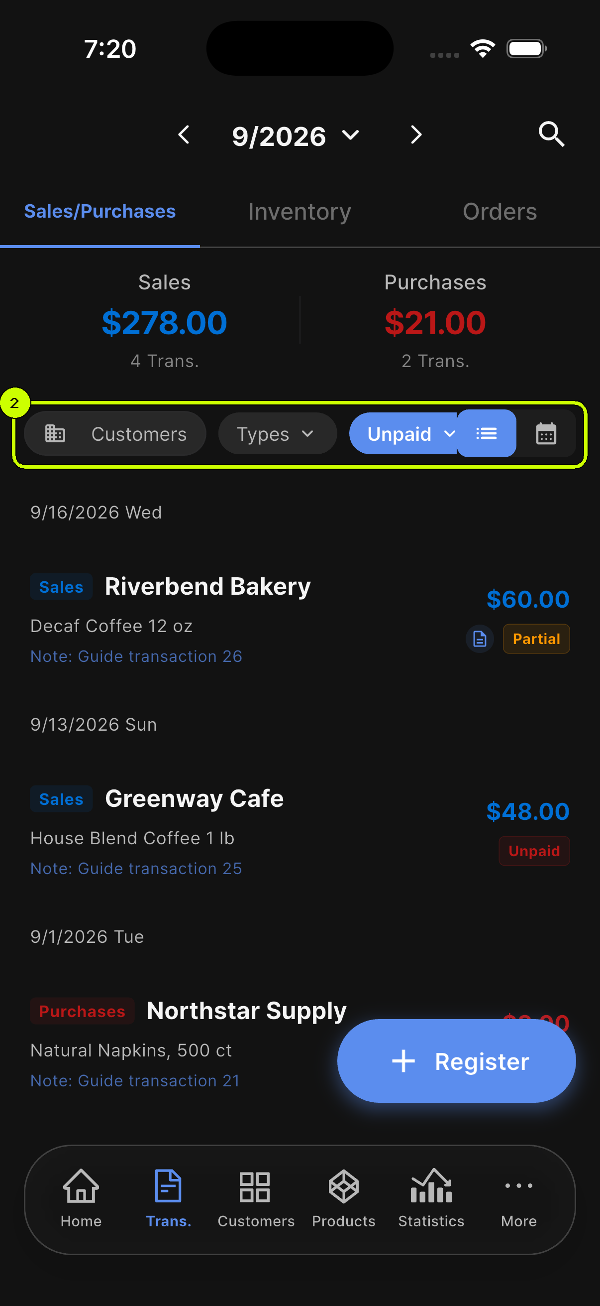SalesDocks English transaction list with customer, transaction type, and Unpaid filters highlighted