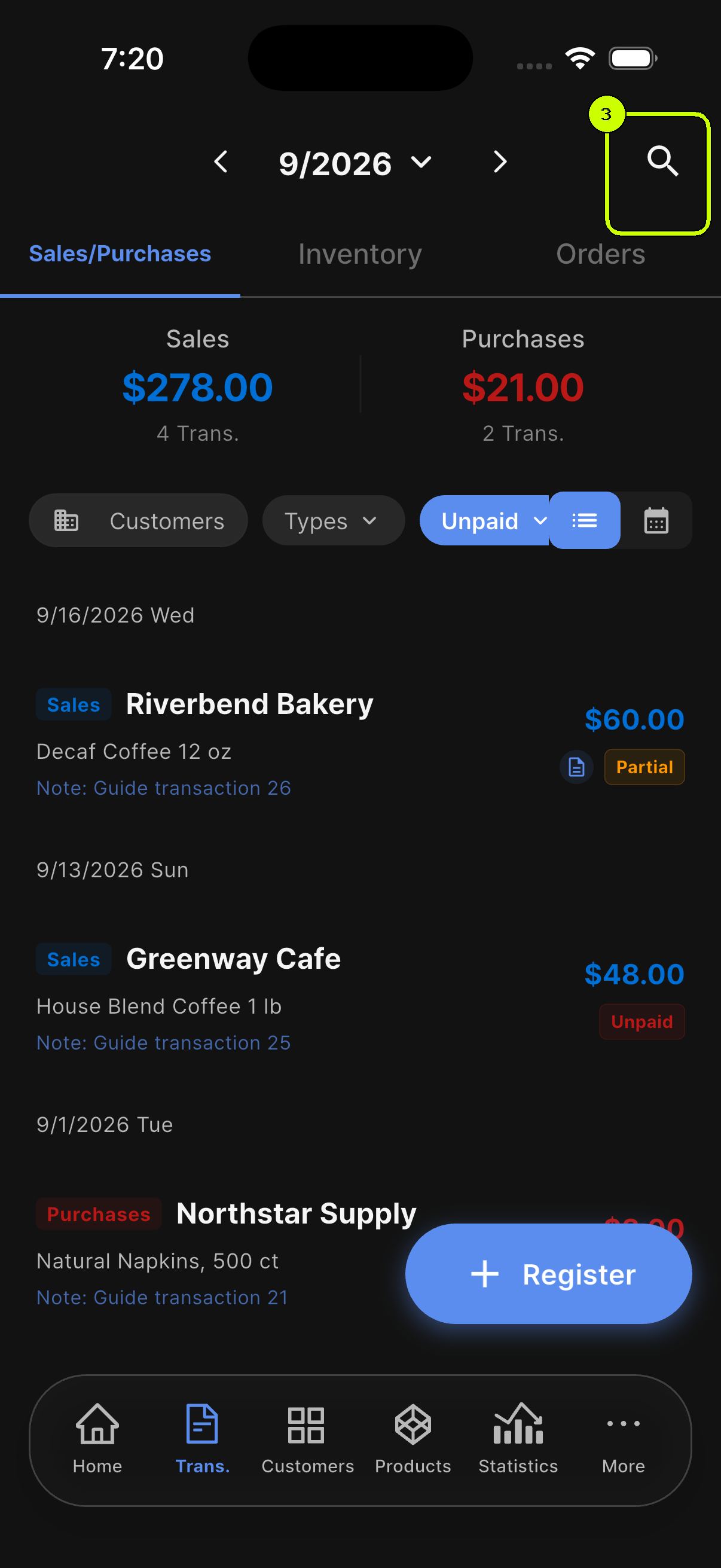 SalesDocks English transaction list with the search button highlighted