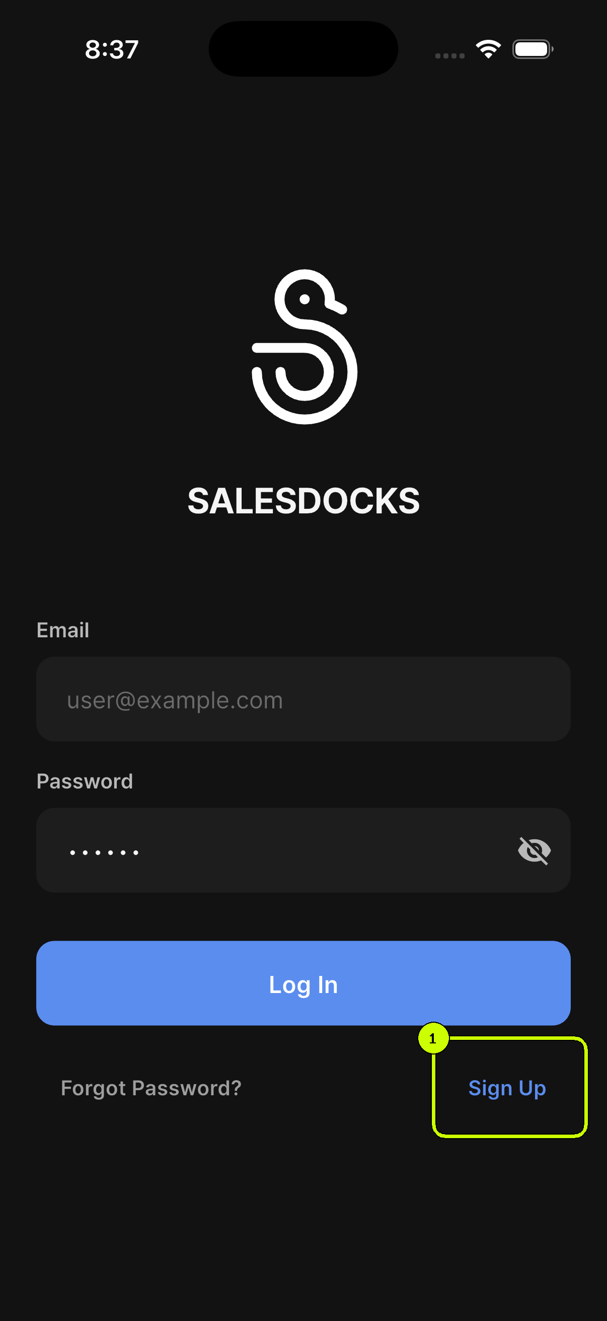 SalesDocks English welcome screen with the Get started button highlighted